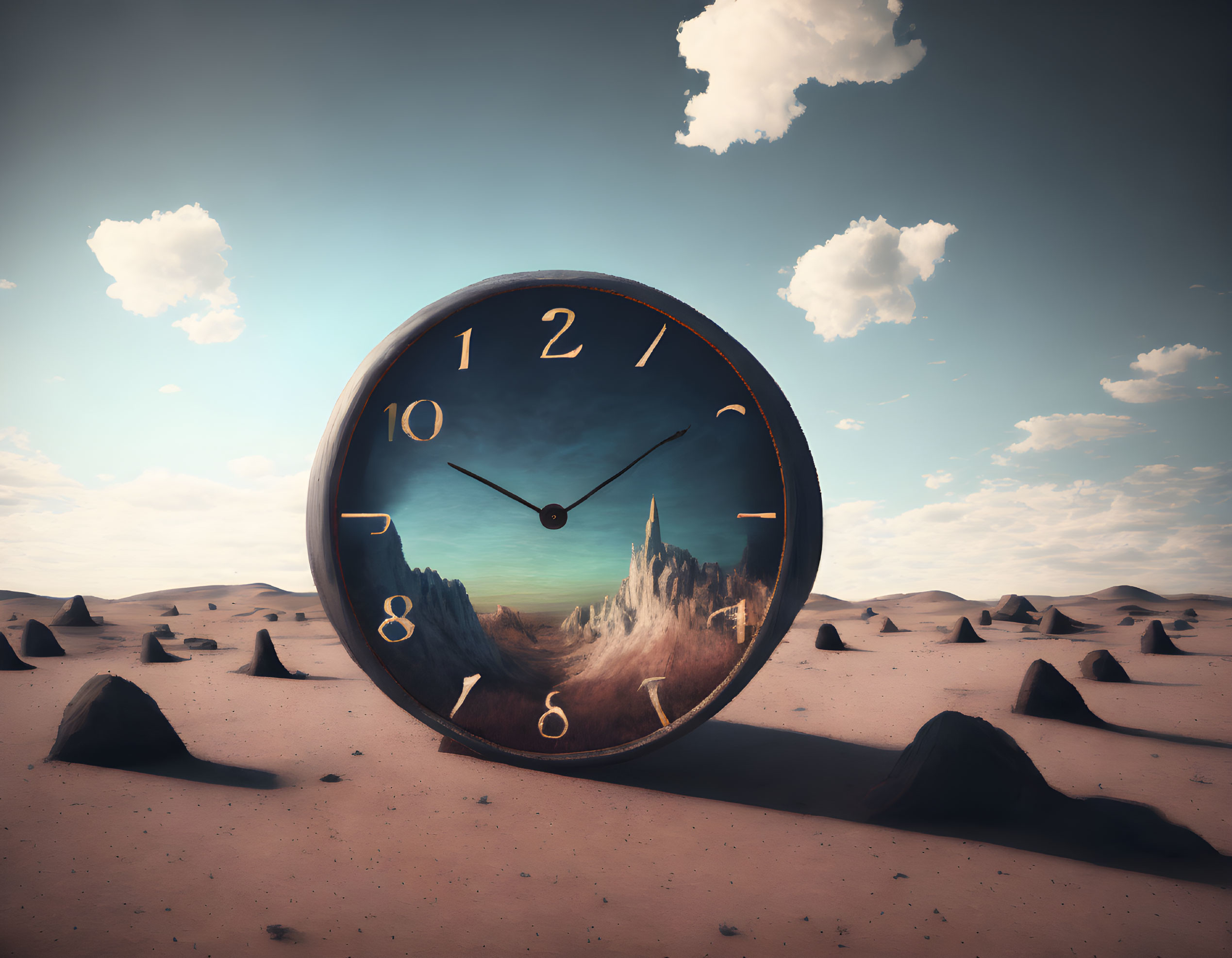 Vintage clock in desert landscape under blue sky symbolizing time concept