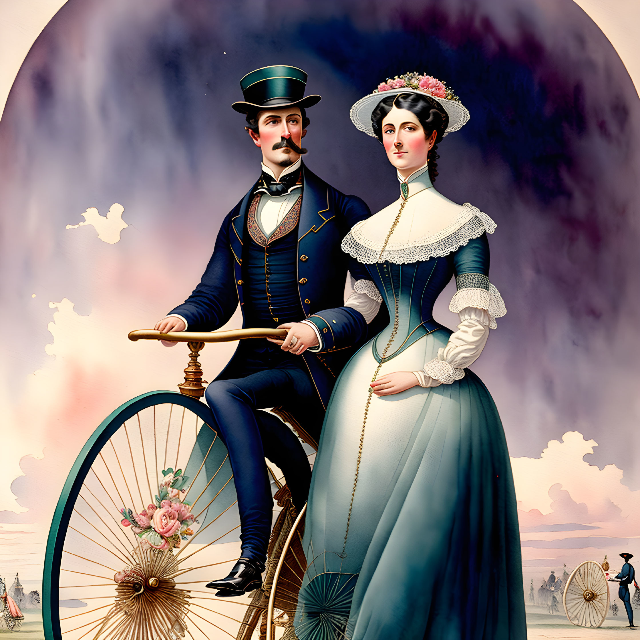 Victorian-era couple with early bicycle in dreamy backdrop