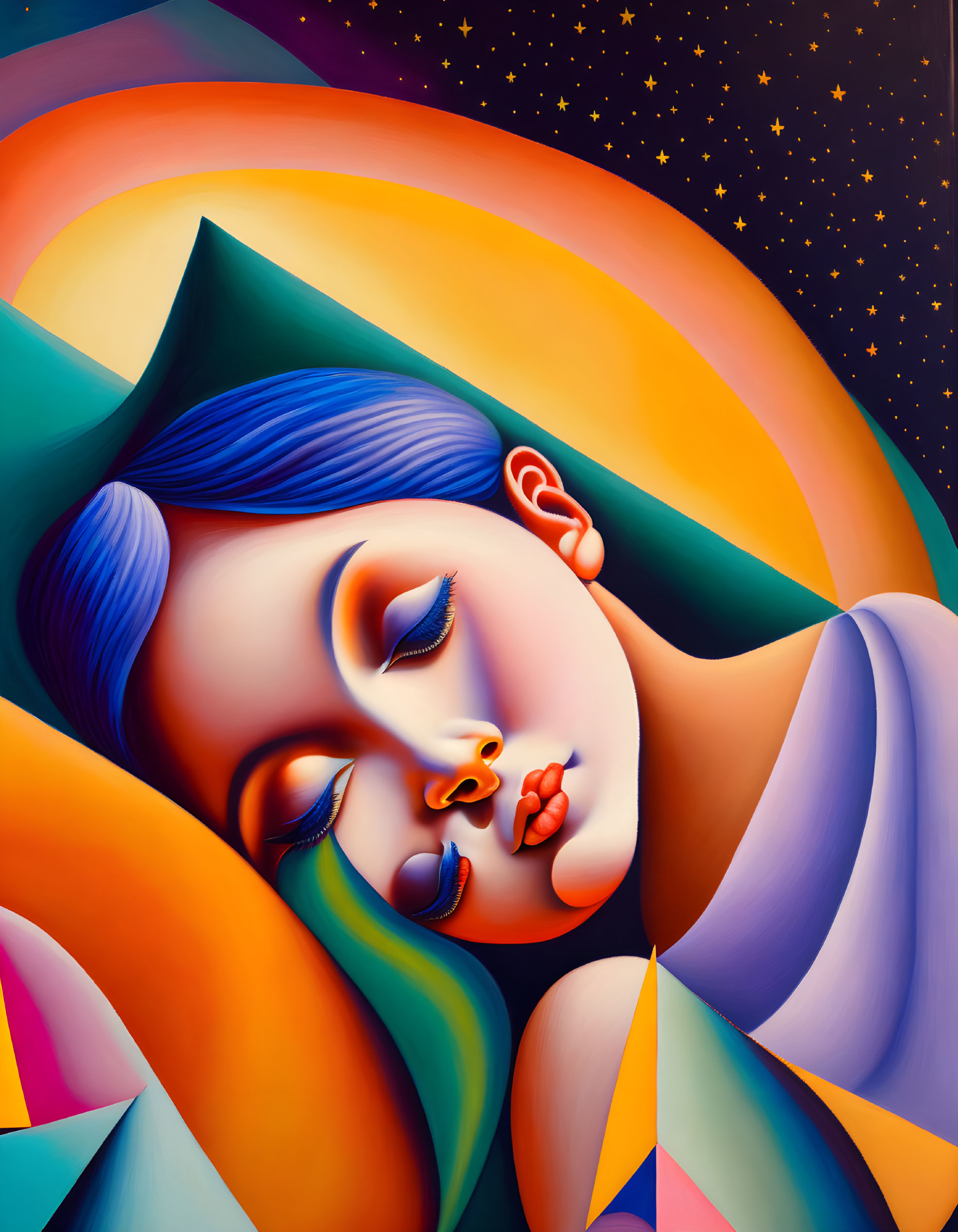 Colorful Surrealist Painting of Serene Face with Closed Eyes and Flowing Shapes