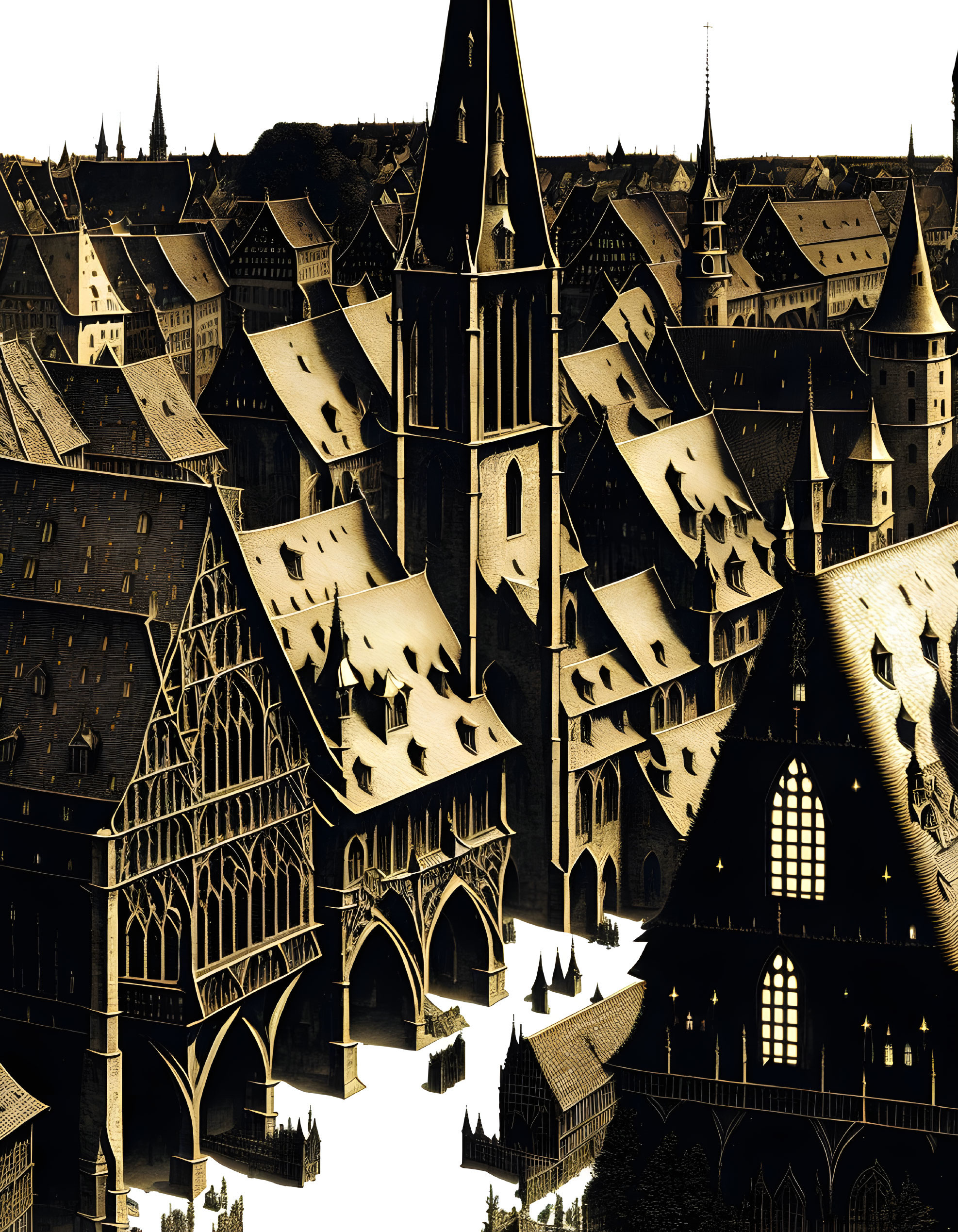 Detailed Sepia-Toned European Medieval Town Illustration