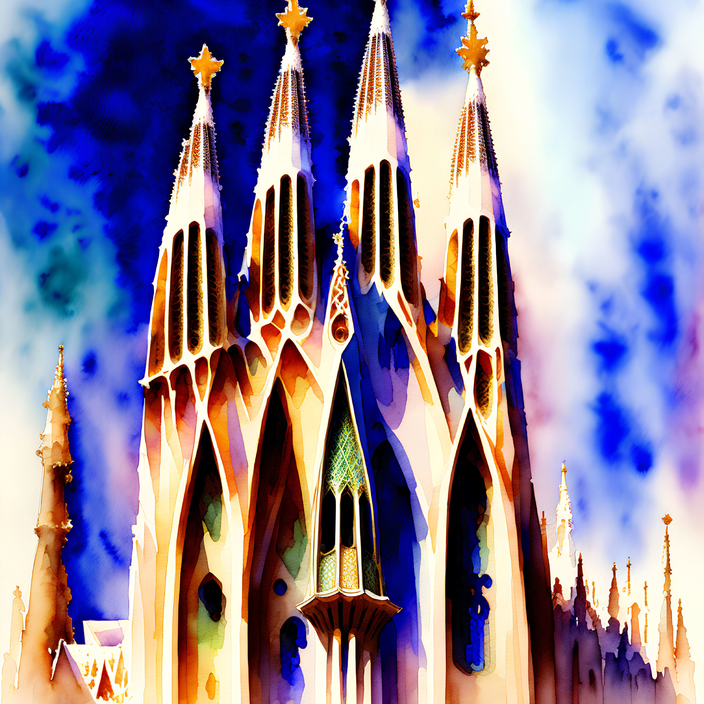 Vibrant watercolor painting of Sagrada Família basilica in Barcelona