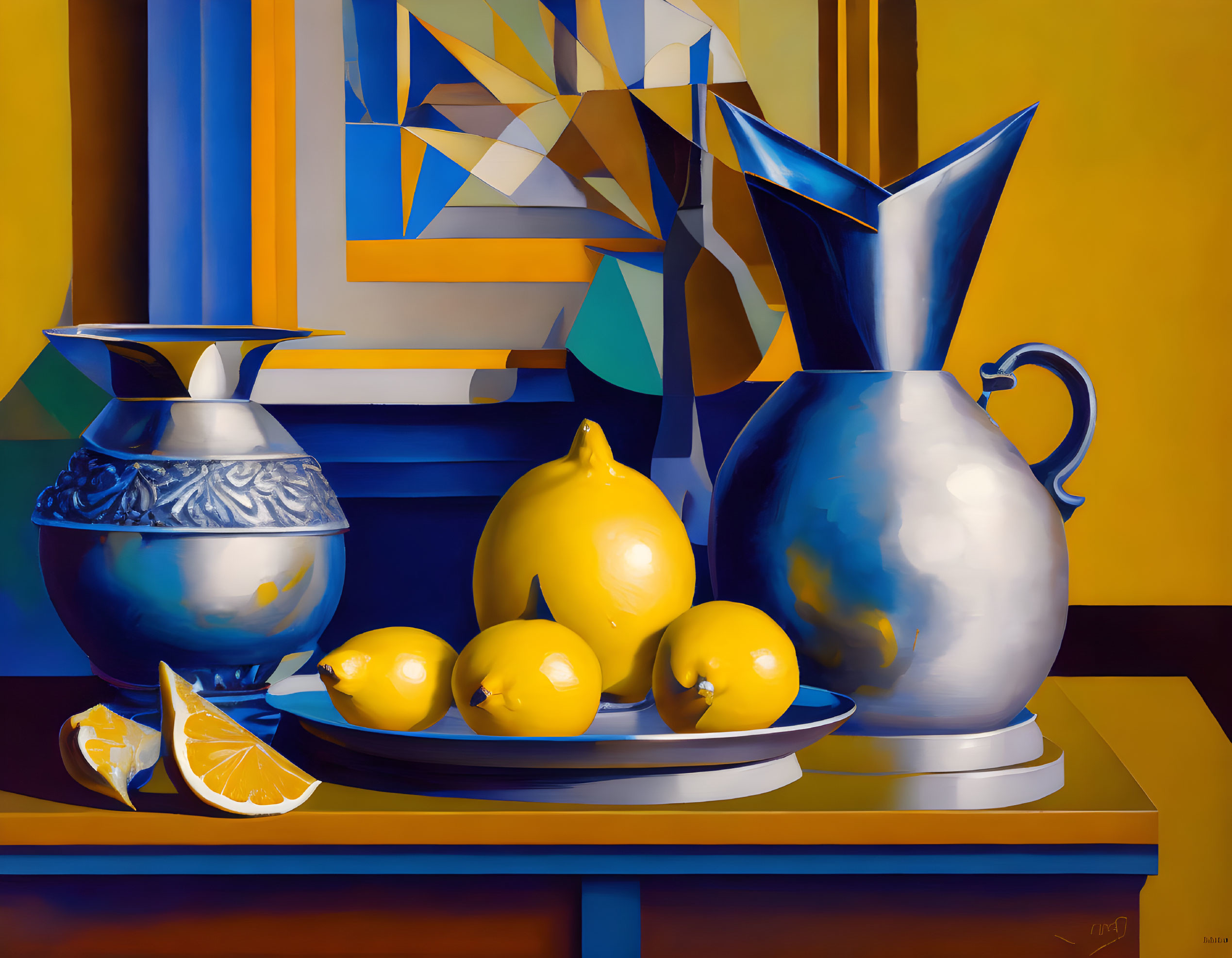 Colorful Still Life Painting with Silver Jug, Lemons, and Geometric Patterns