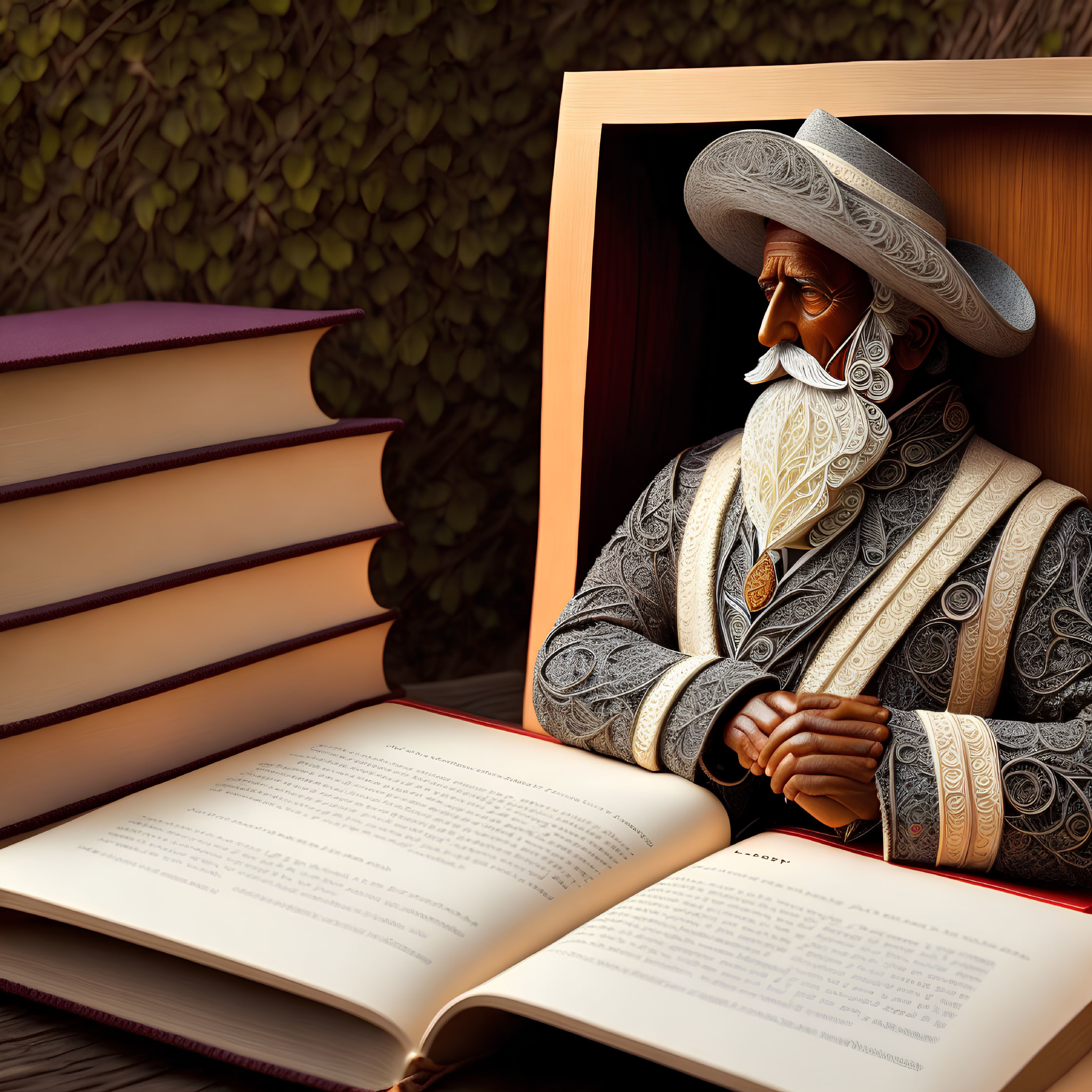 Renaissance-era gentleman in 3D animation emerges from open book