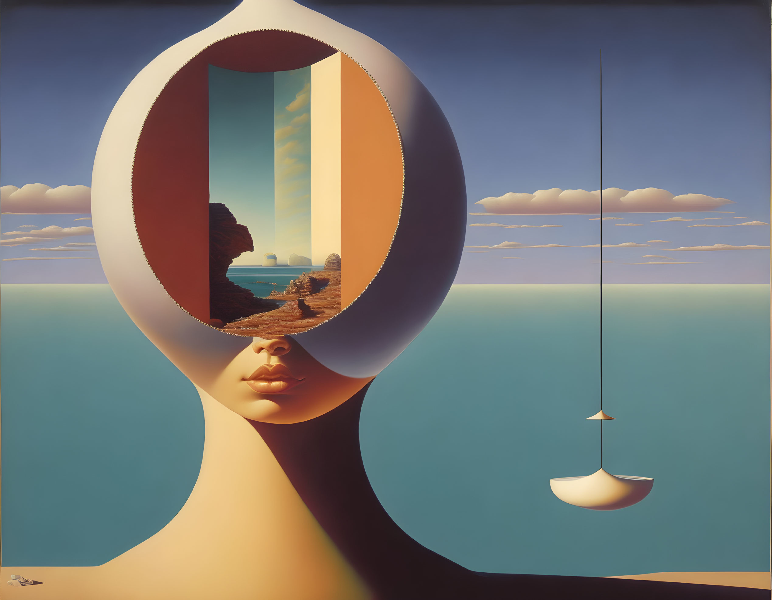 Surrealist painting with face, seascape, and pendulum