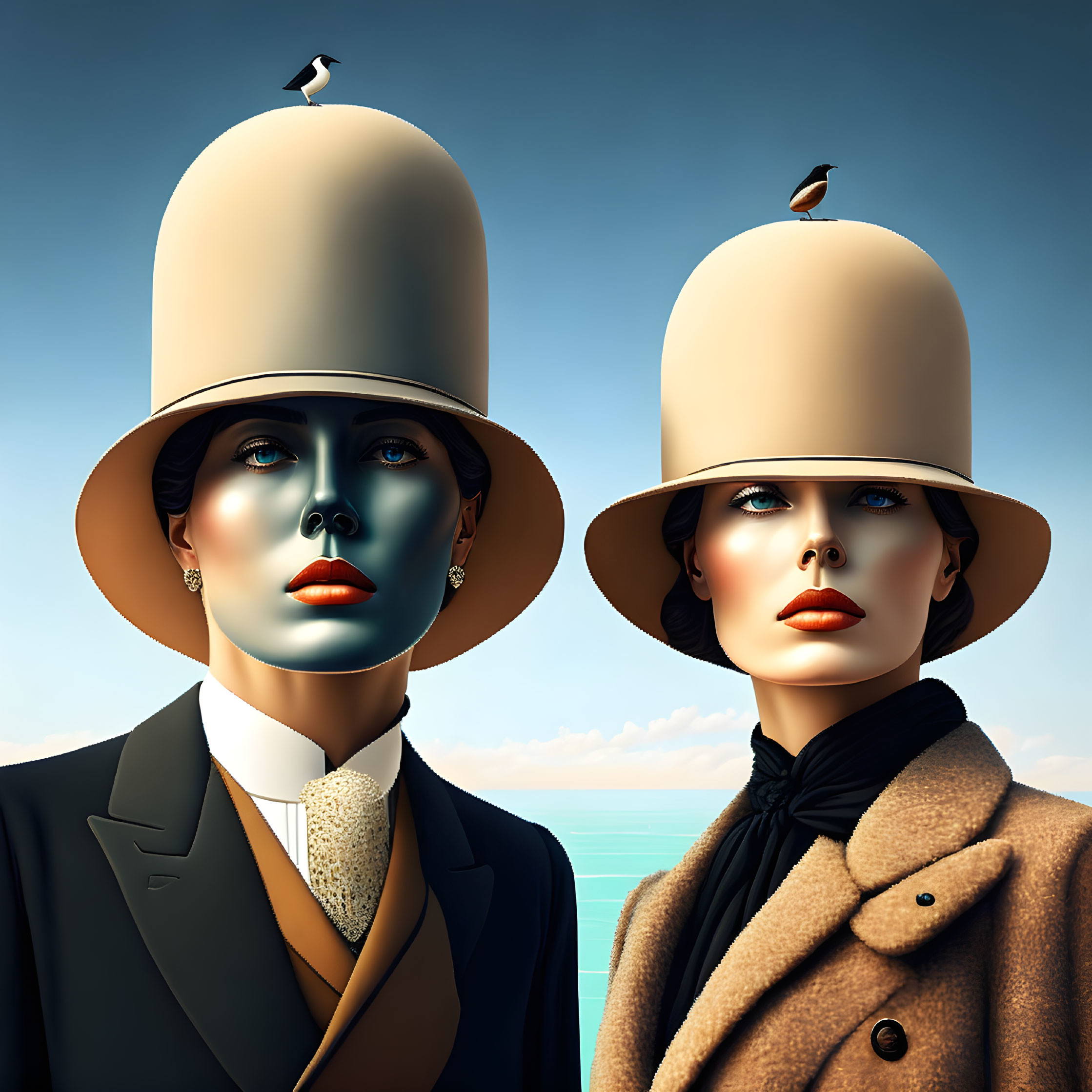 Stylized female figures in top hats with birds by the sea