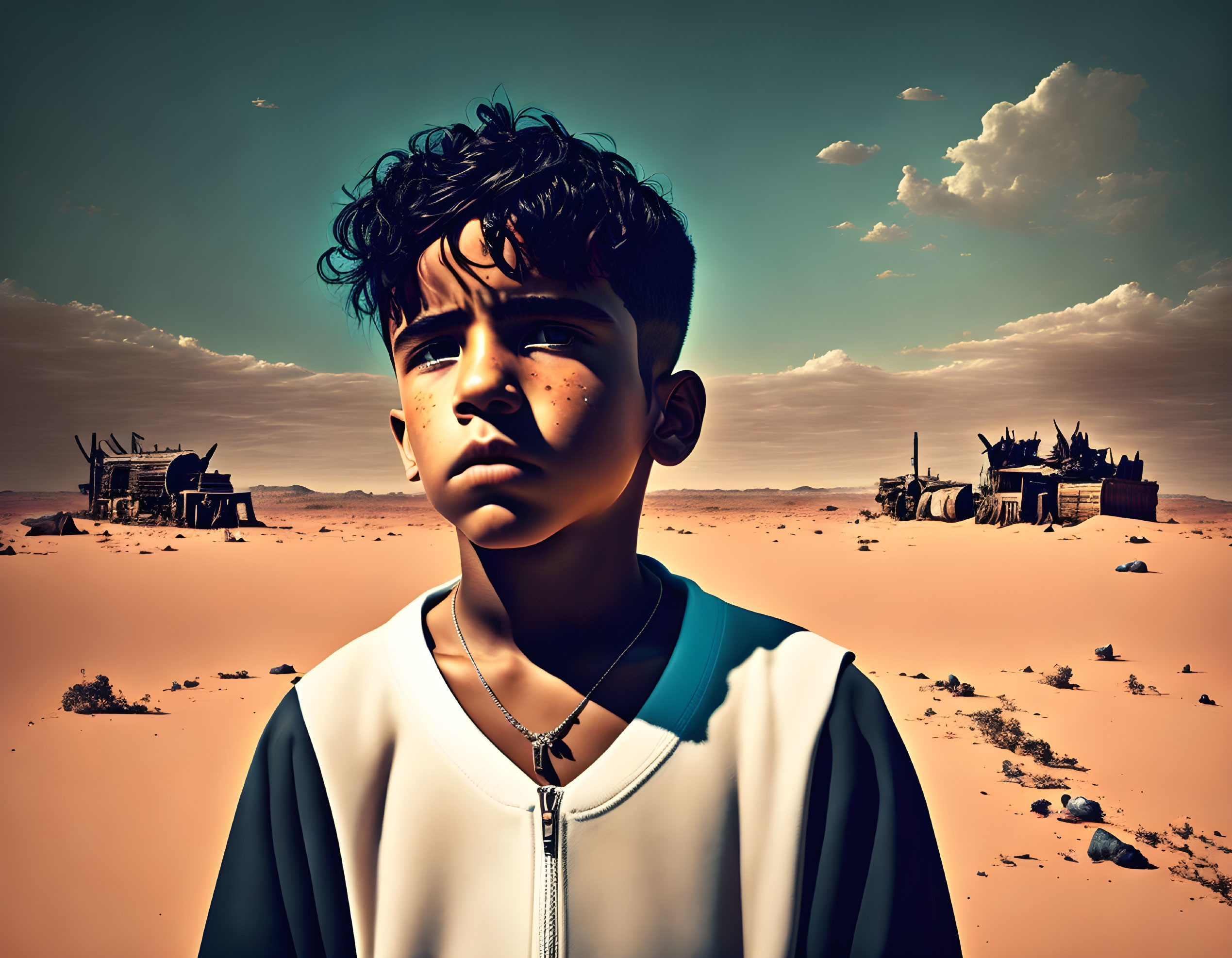 Young boy in pensive pose amid desolate desert setting