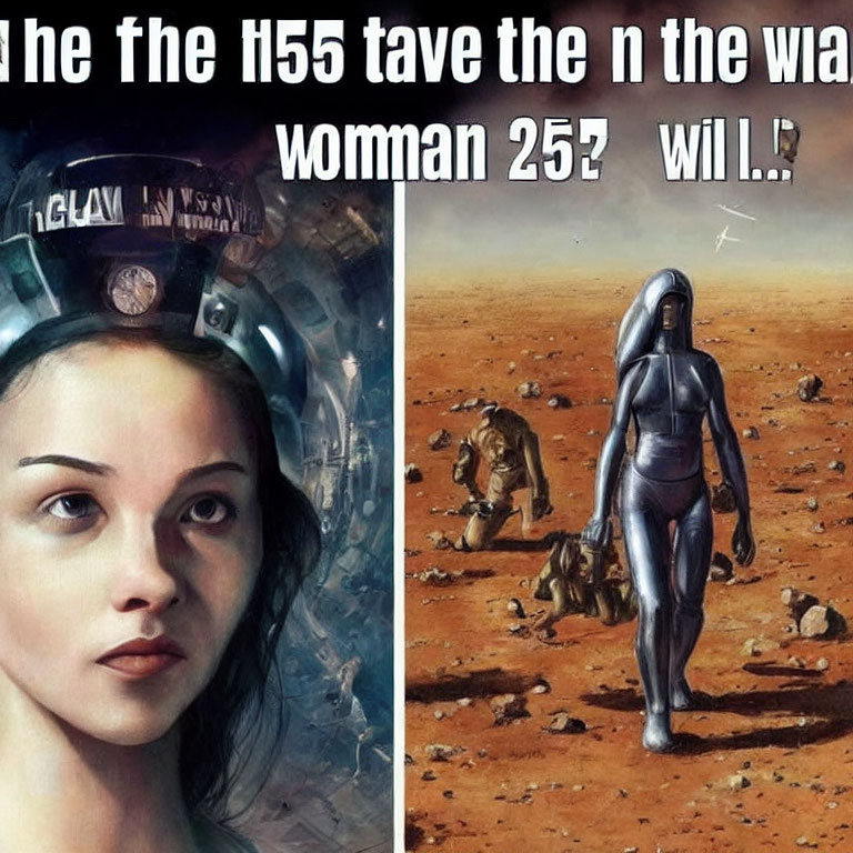 Diptych image: Woman in futuristic helmet next to person exploring Mars-like landscape