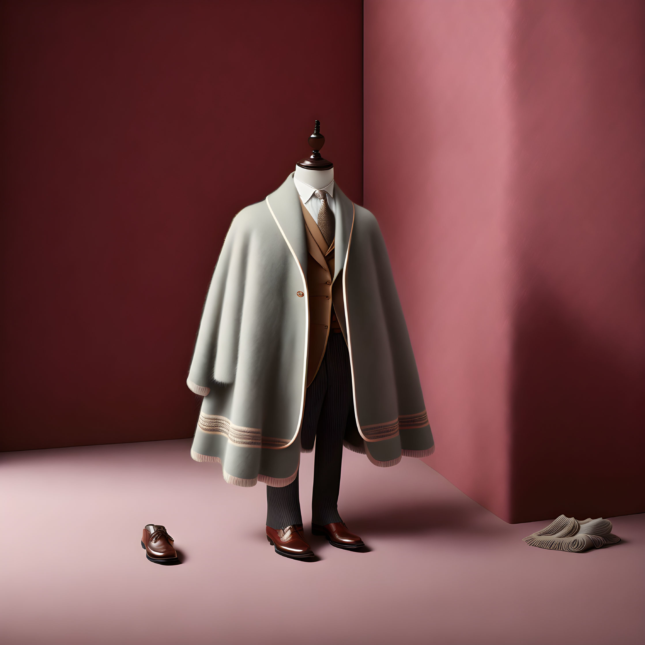 Formal Men's Suit and Overcoat Ensemble on Mannequin Against Pink Background