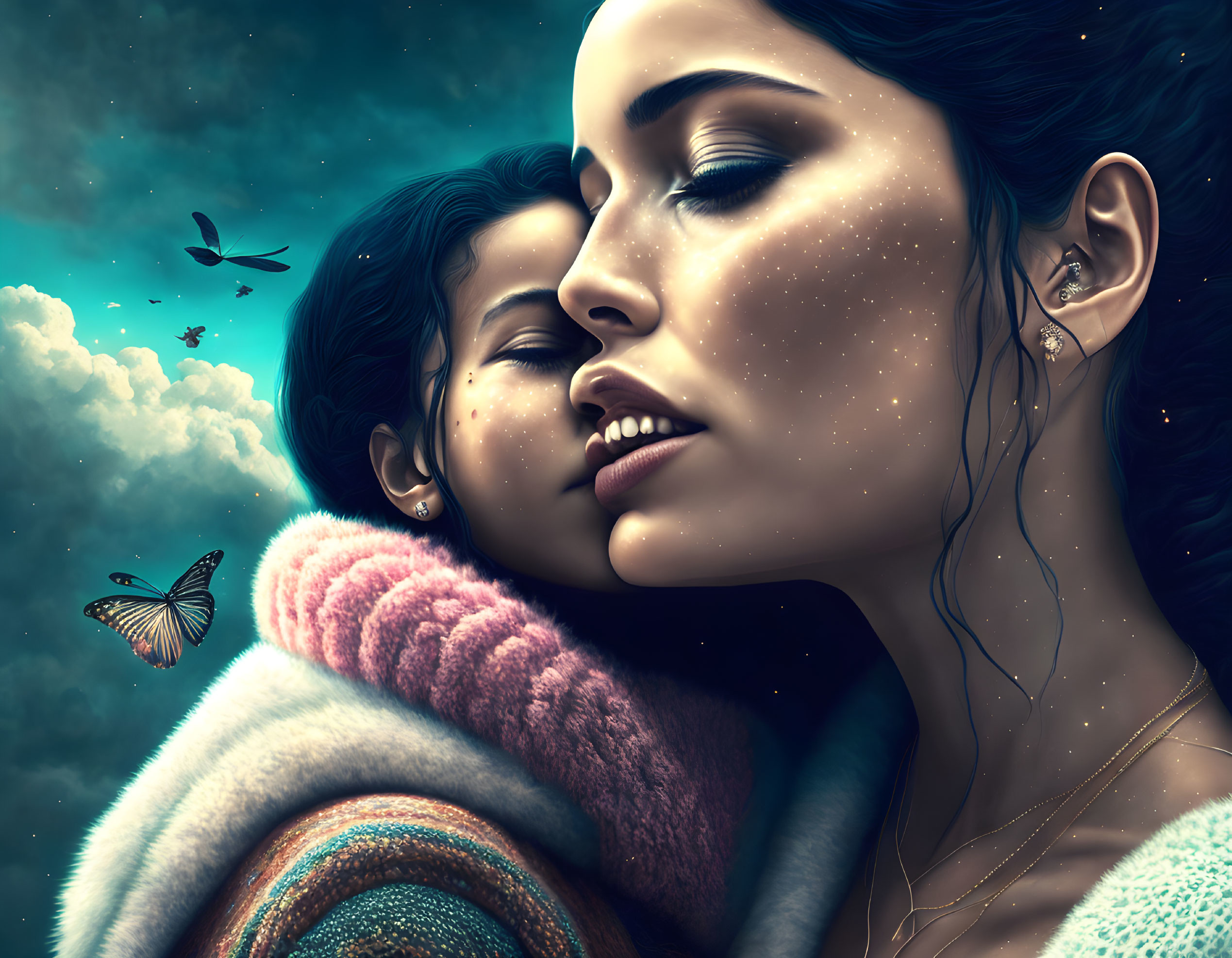 Two women in cosmic setting with serene expressions and butterfly