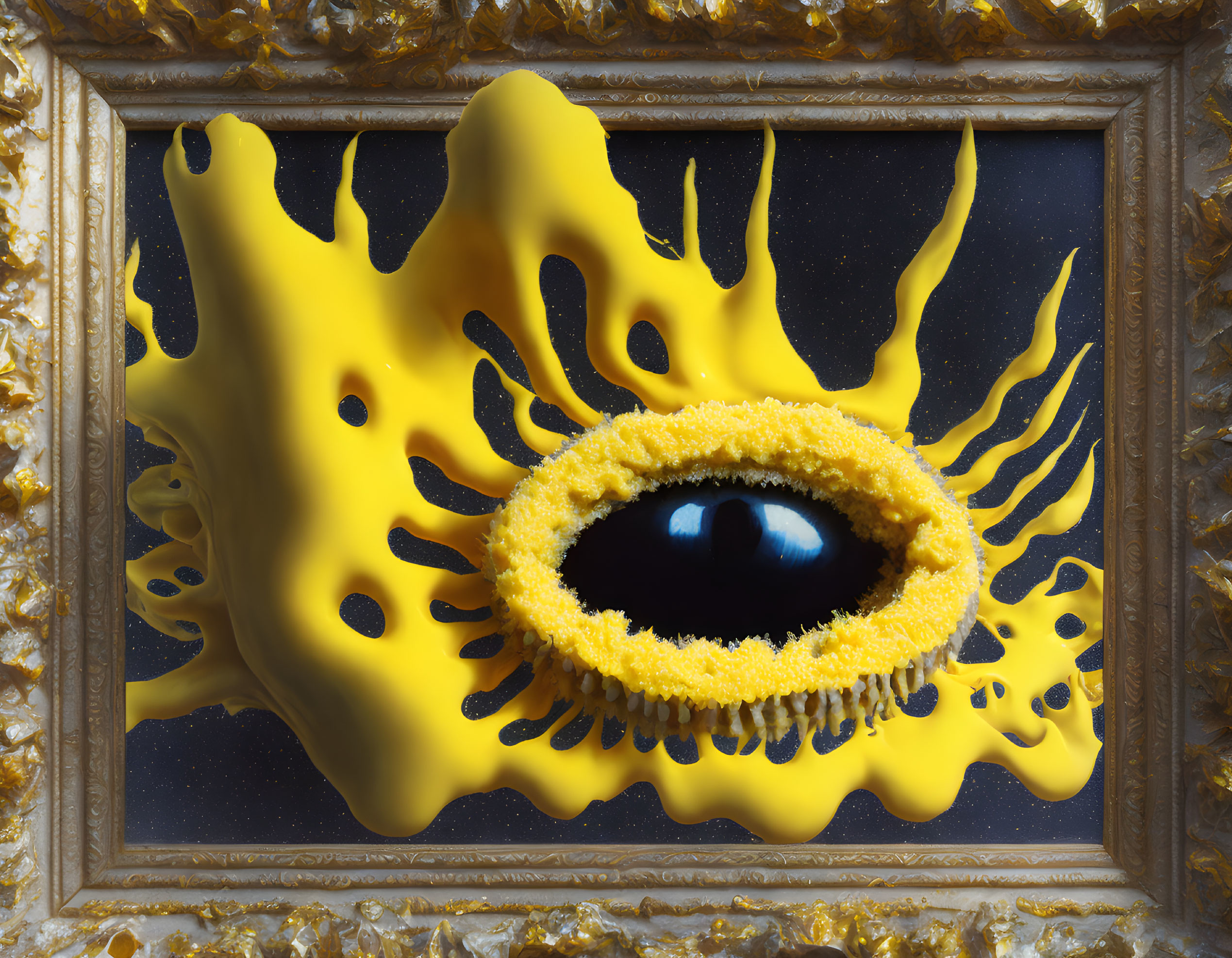 Surrealist artwork of eye in melting frame with liquid extensions