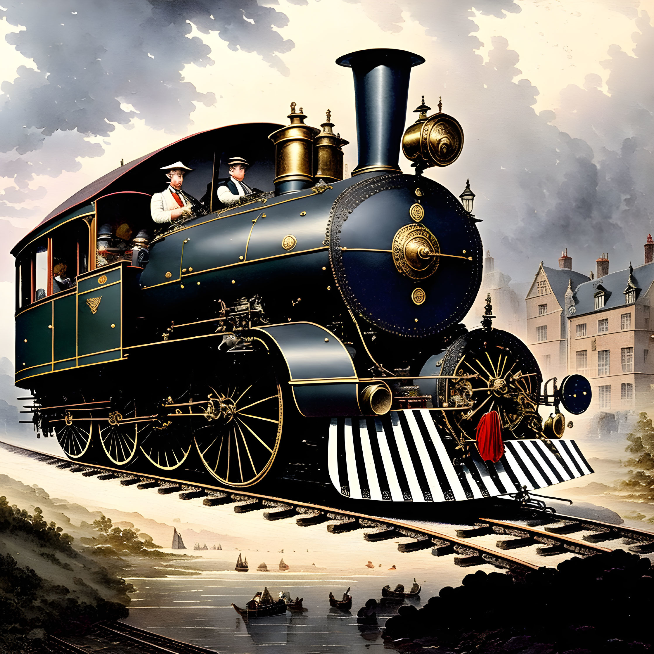 Vintage steam locomotive with ornate gold detailing and two men aboard passing river and buildings under cloudy sky