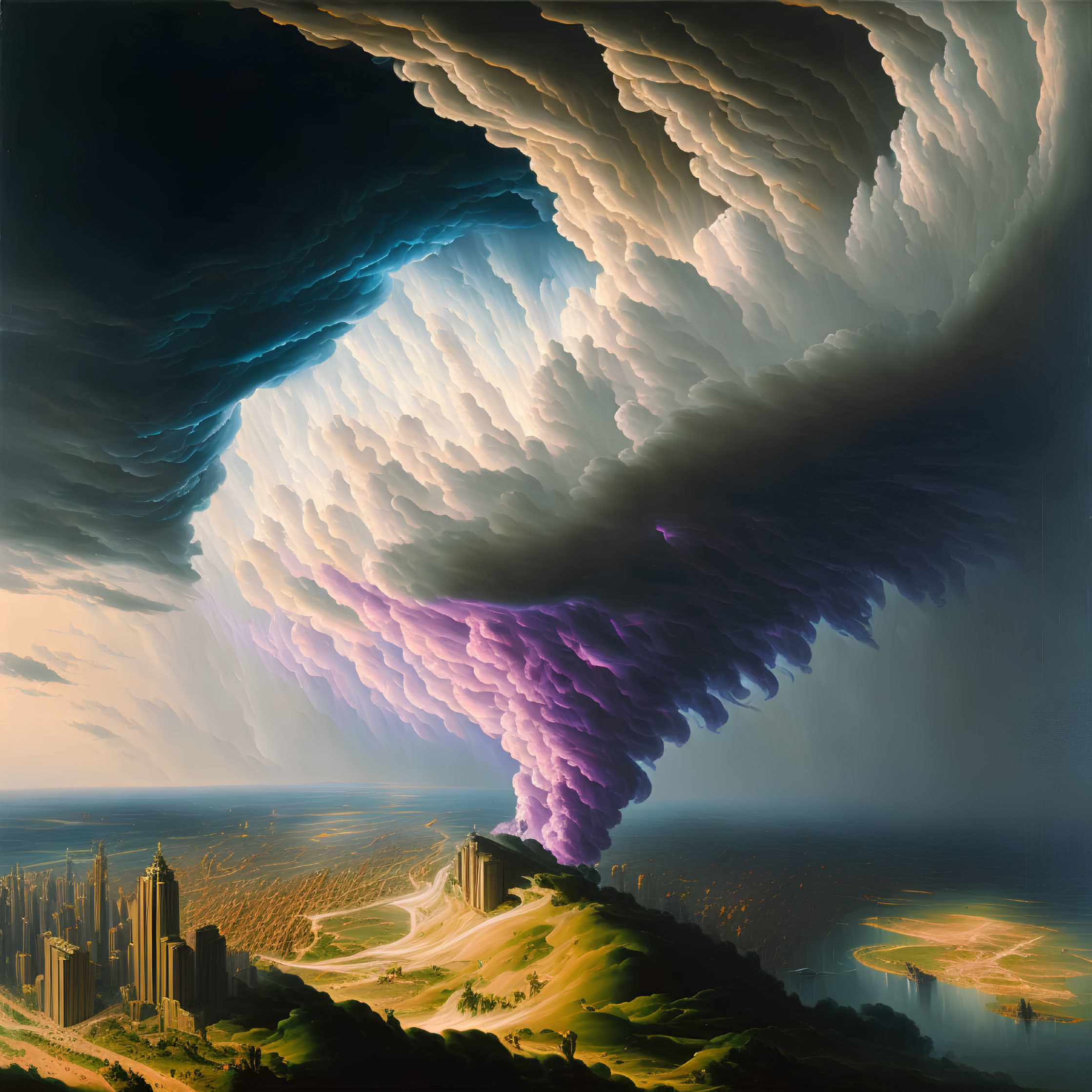 Hyper-realistic painting of swirling supercell thunderstorm over serene cityscape and coastline at sunset