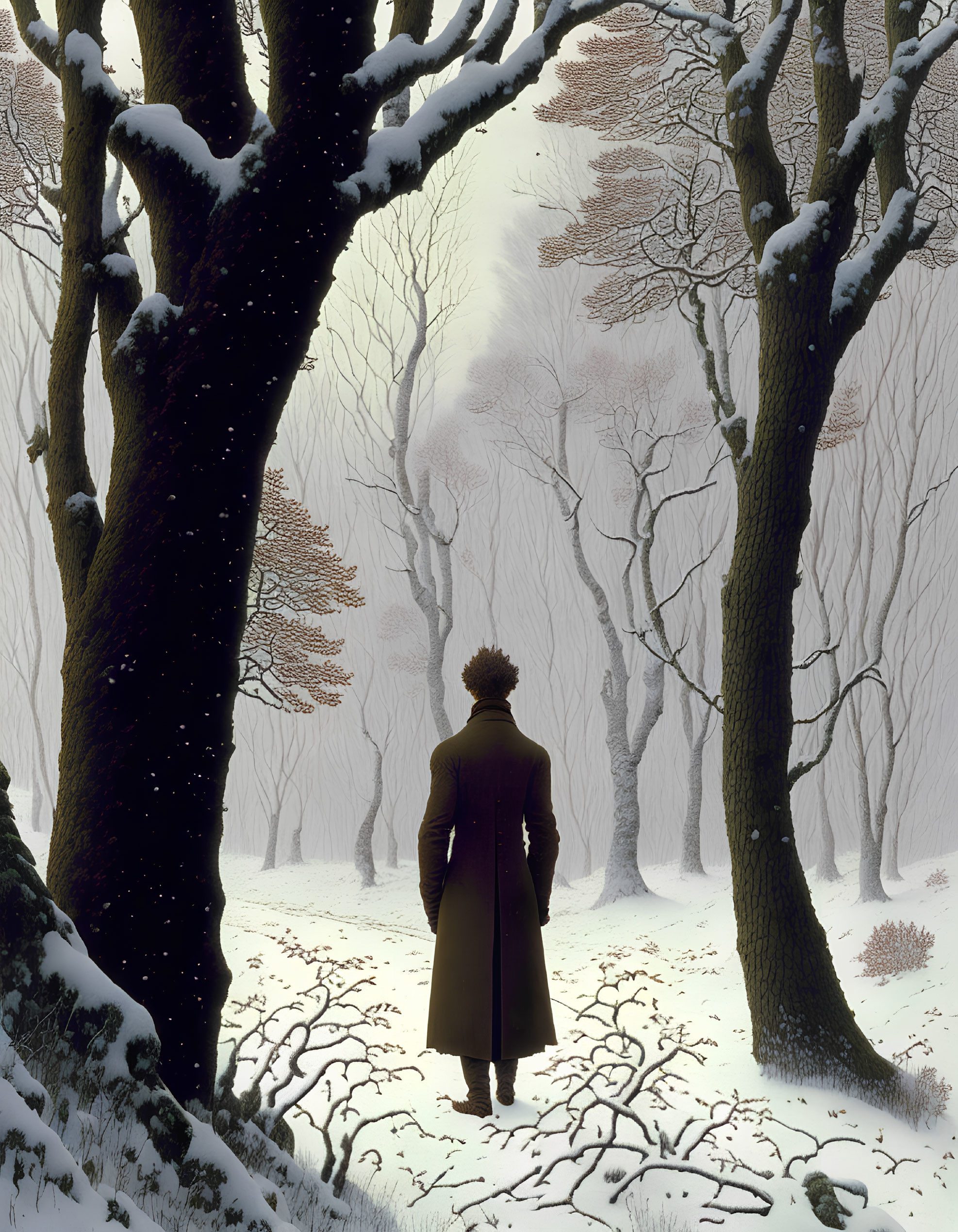 Solitary figure in long coat in snowy woods observing serene landscape