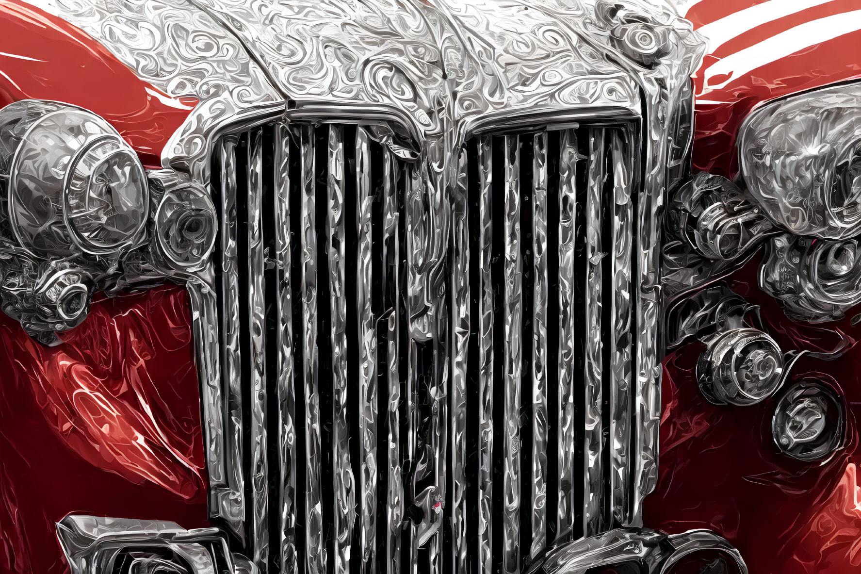 Stylized vintage car grille and headlights with red and white paint and ornate hood detailing