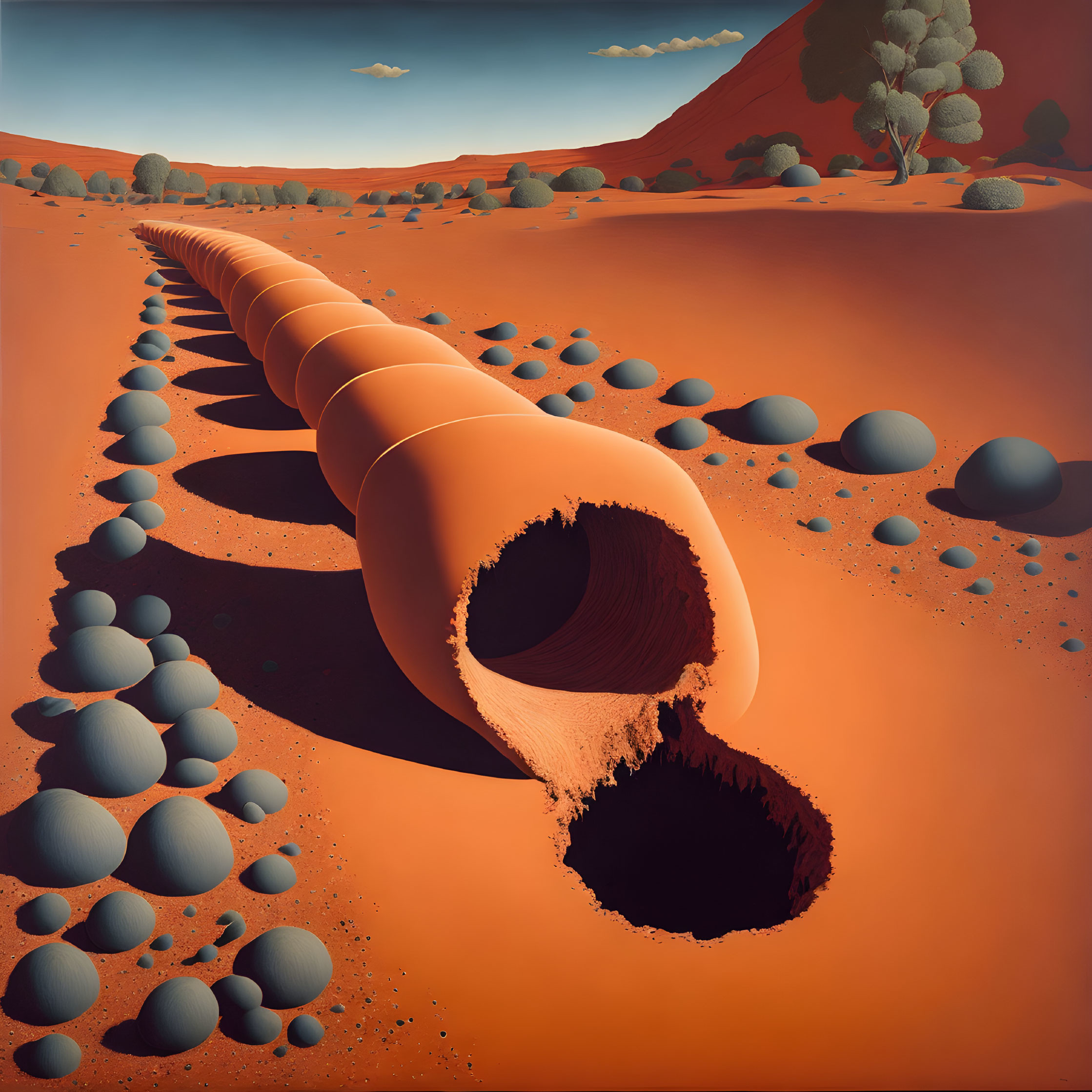 Surreal landscape with fragmented terracotta pipe in red hills