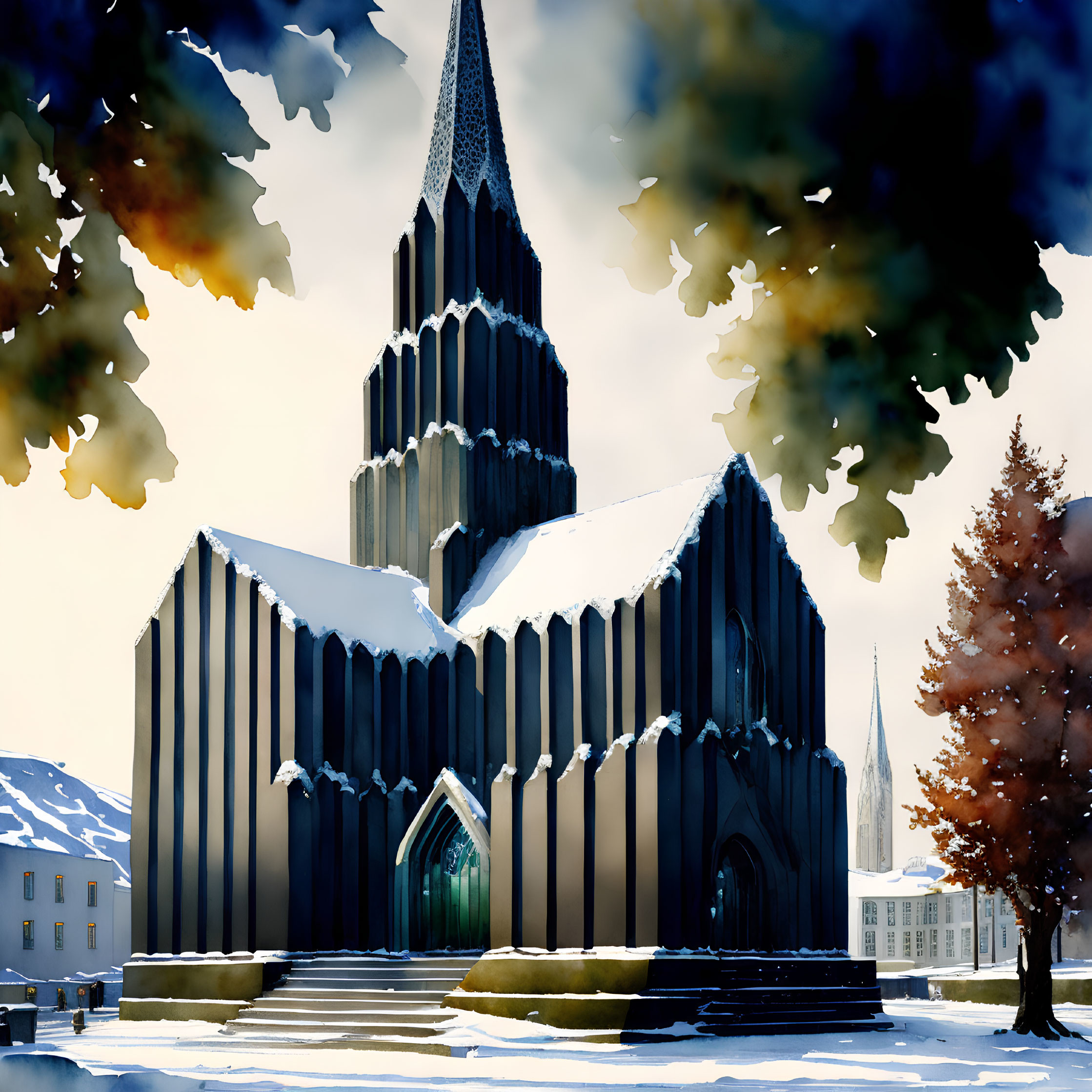 Unique angular architecture of a striking wintry church surrounded by snow-dusted trees