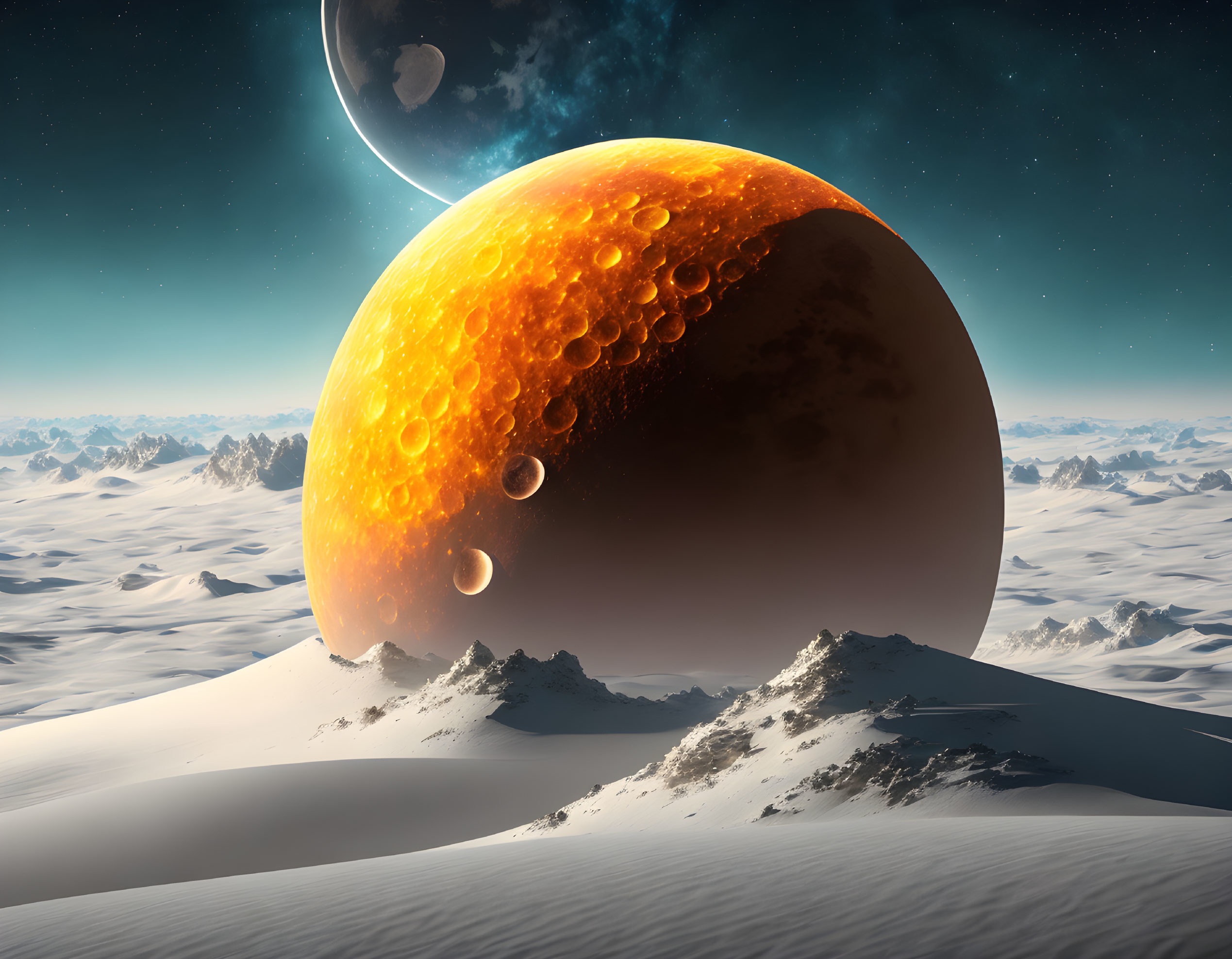 Snow-covered peaks, orange planet, and celestial bodies in surreal landscape