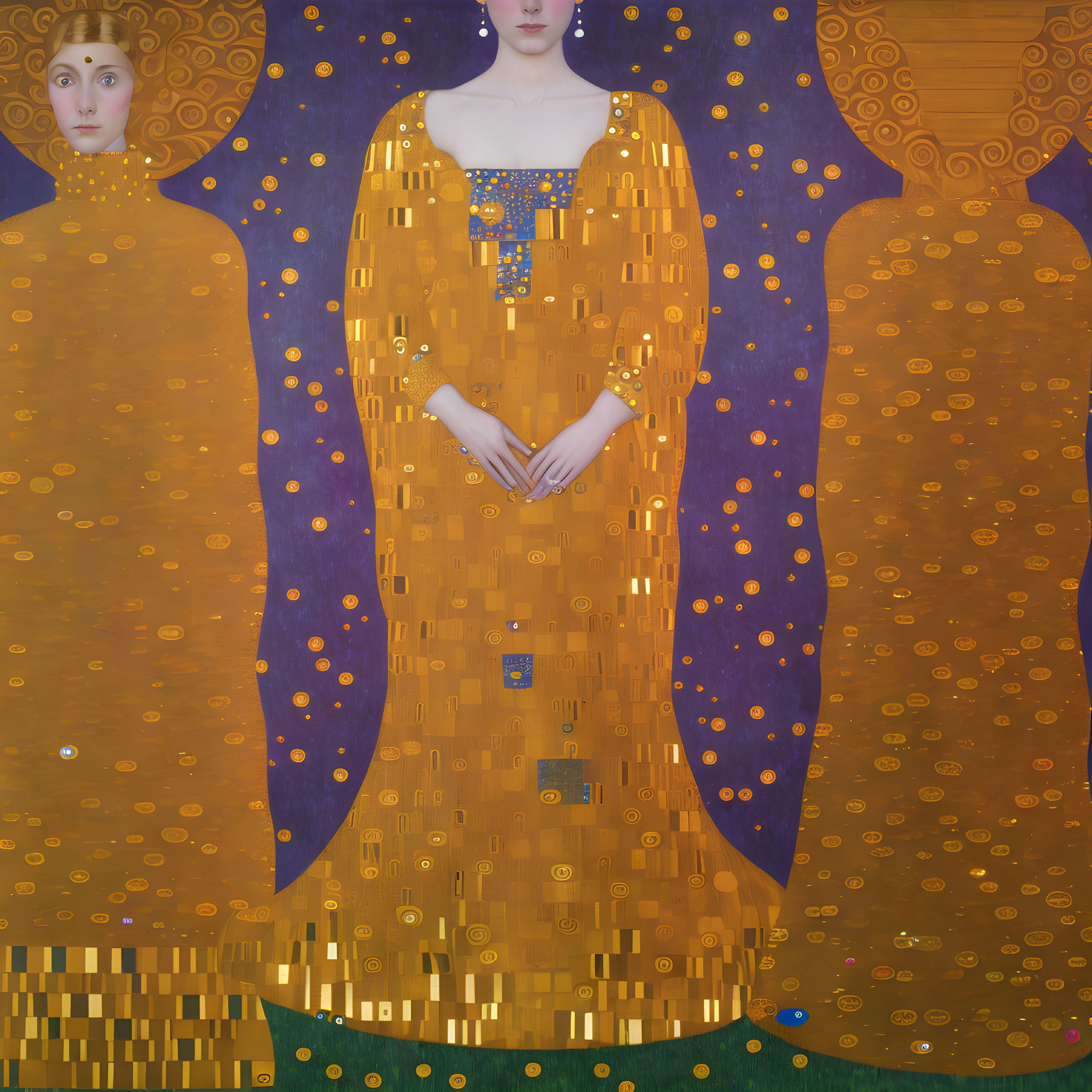 Ethereal woman in golden dress with blue cloak and geometric adornments