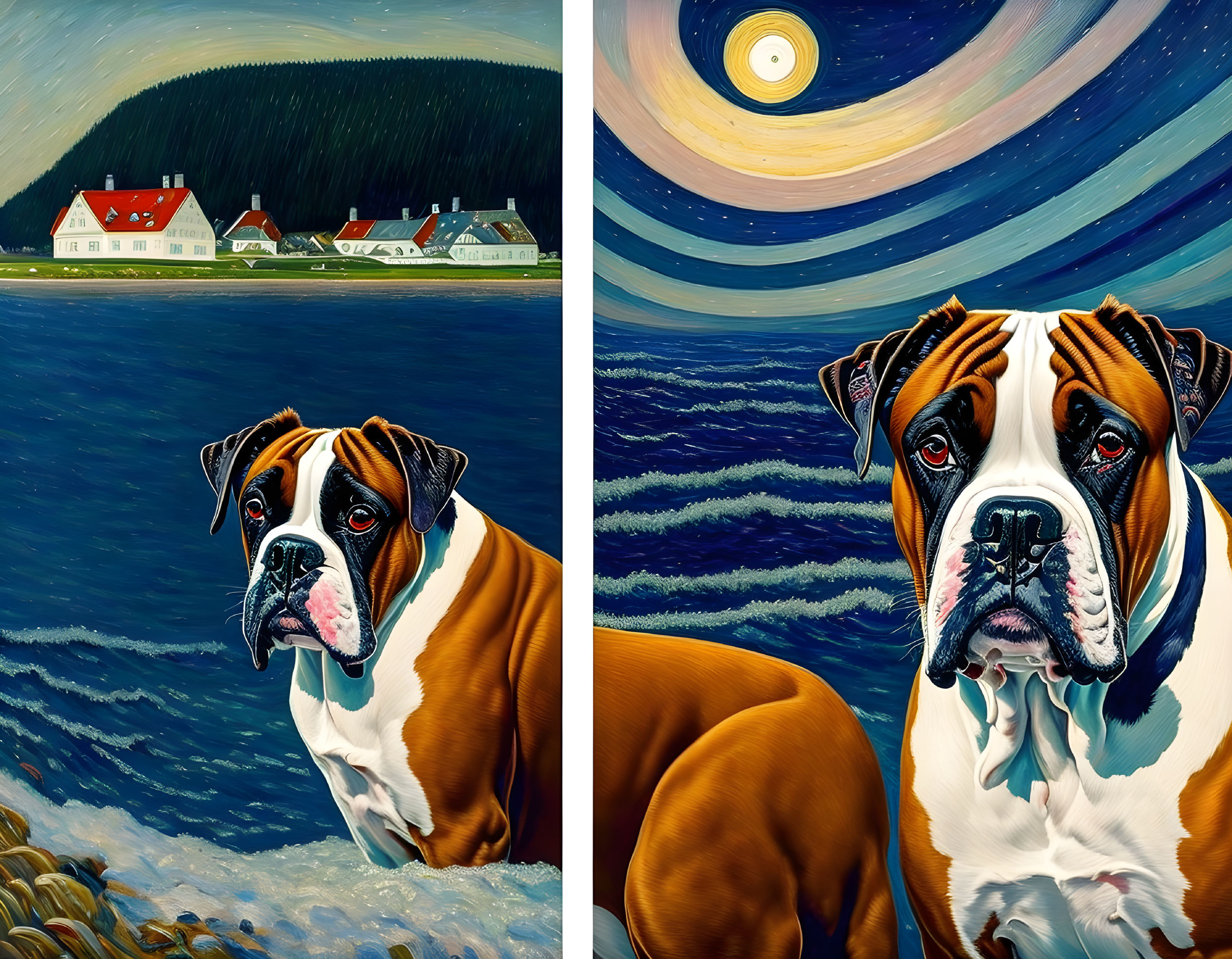 Colorful Coastal Village & Boxer Dogs Diptych Under Starry Night Sky