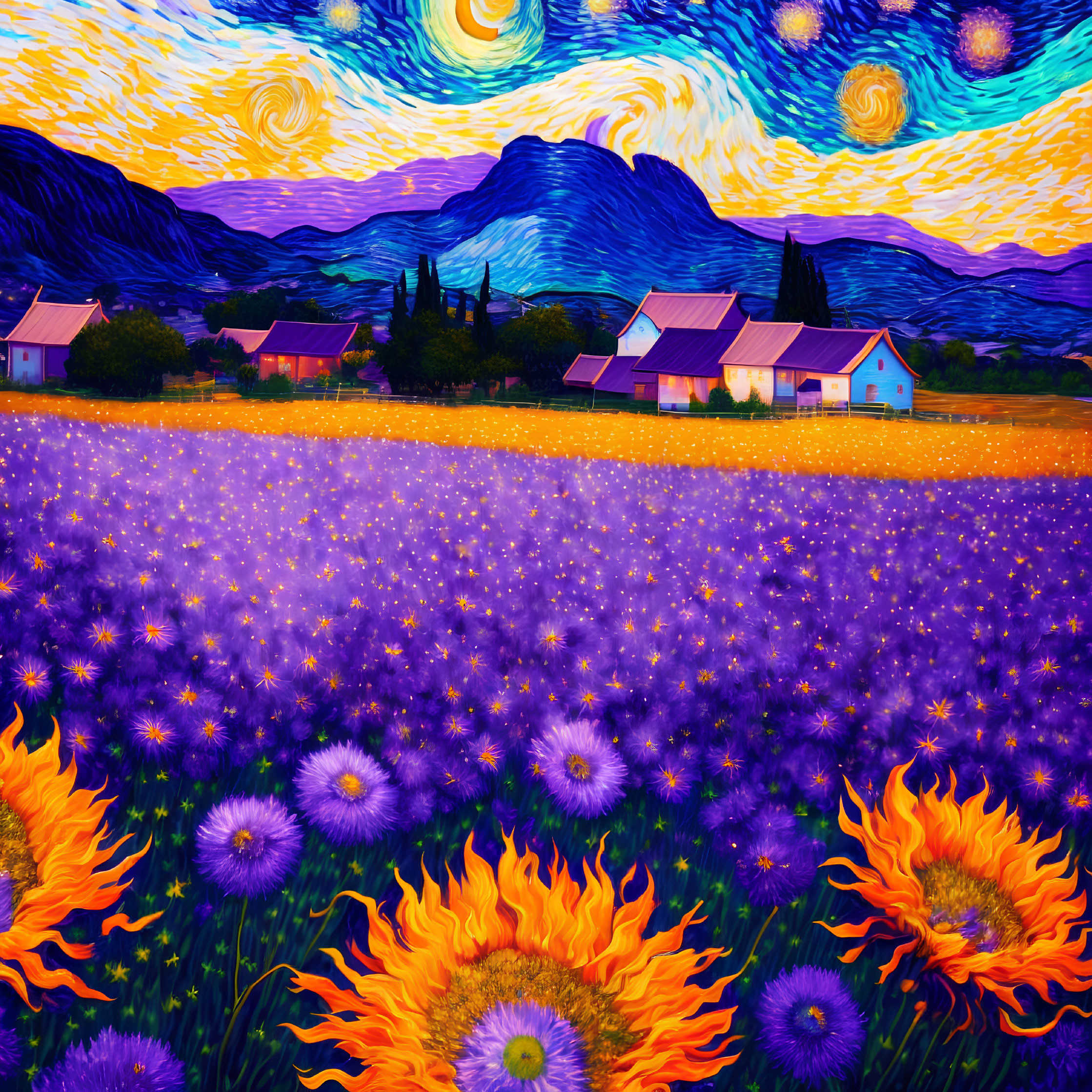 Colorful Starry Sky Painting with Village, Swirling Clouds, and Flowers