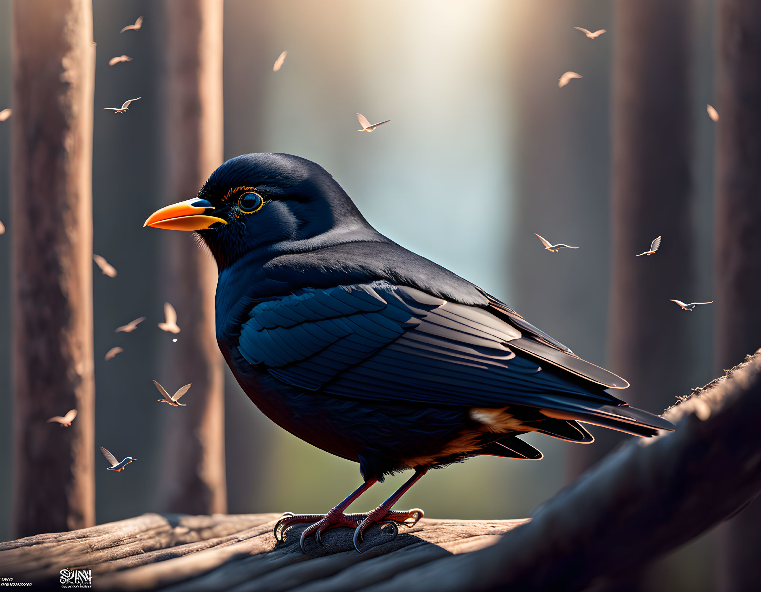 Black bird with orange beak perched on branch with blurred background.