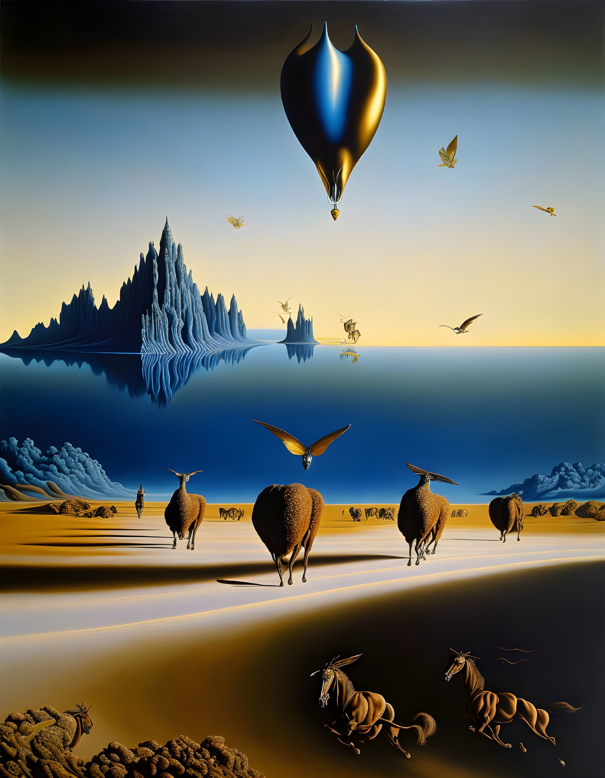 Surreal painting with sheep, human legs, gold teardrop, mountains, birds, ant