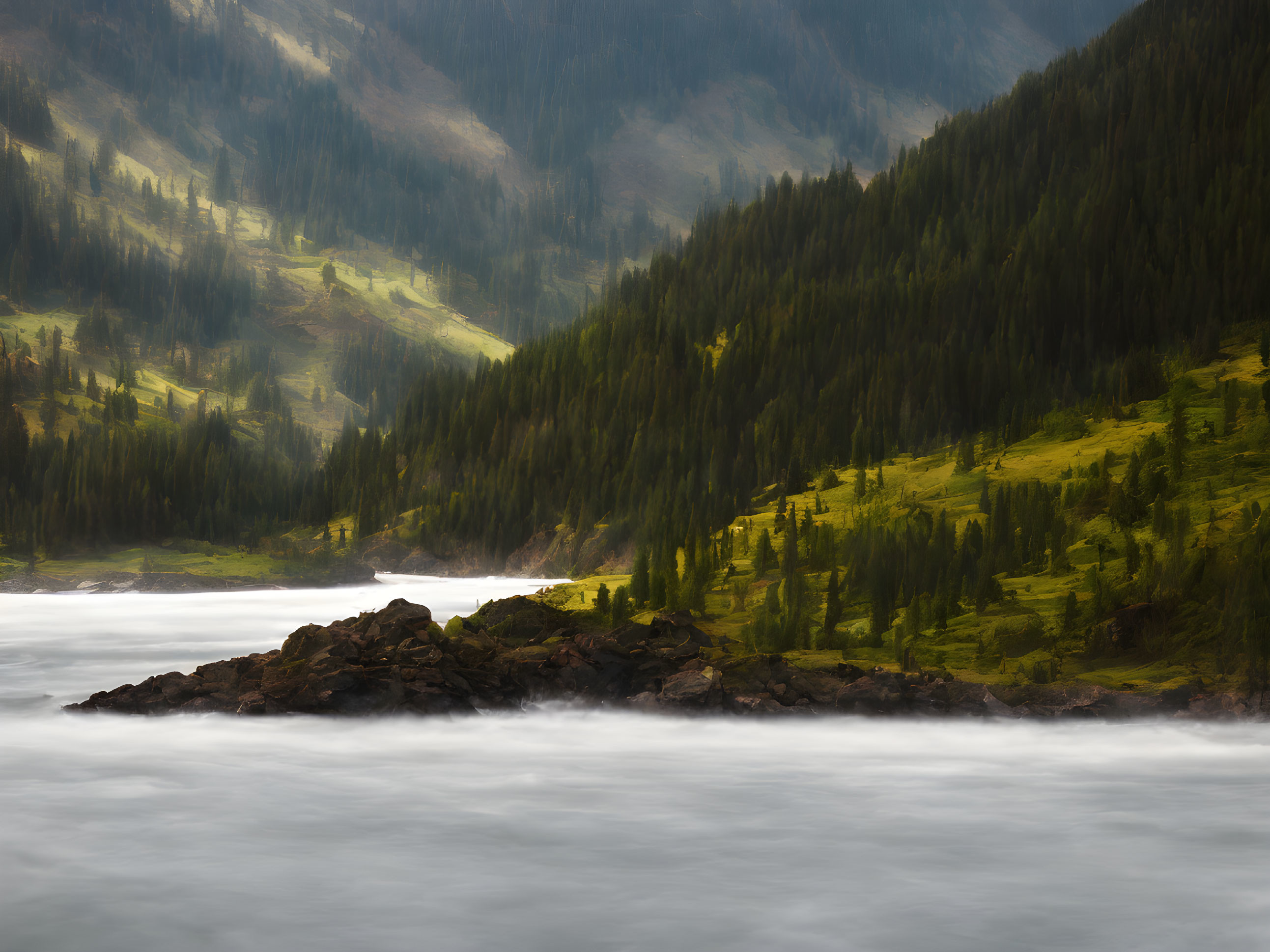 Misty river landscape with lush forests and rolling hills