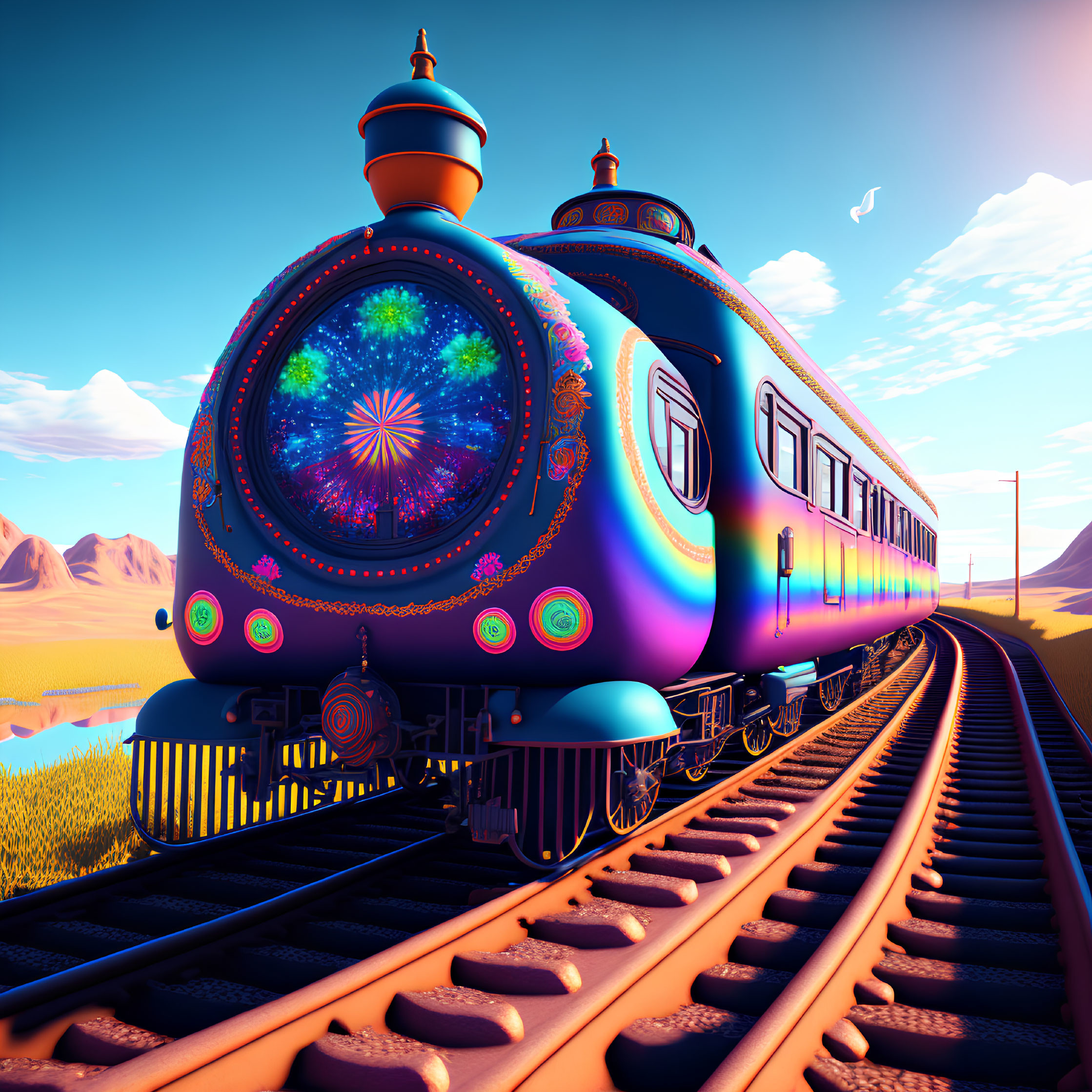 Colorful galaxy-themed train travels through desert landscape