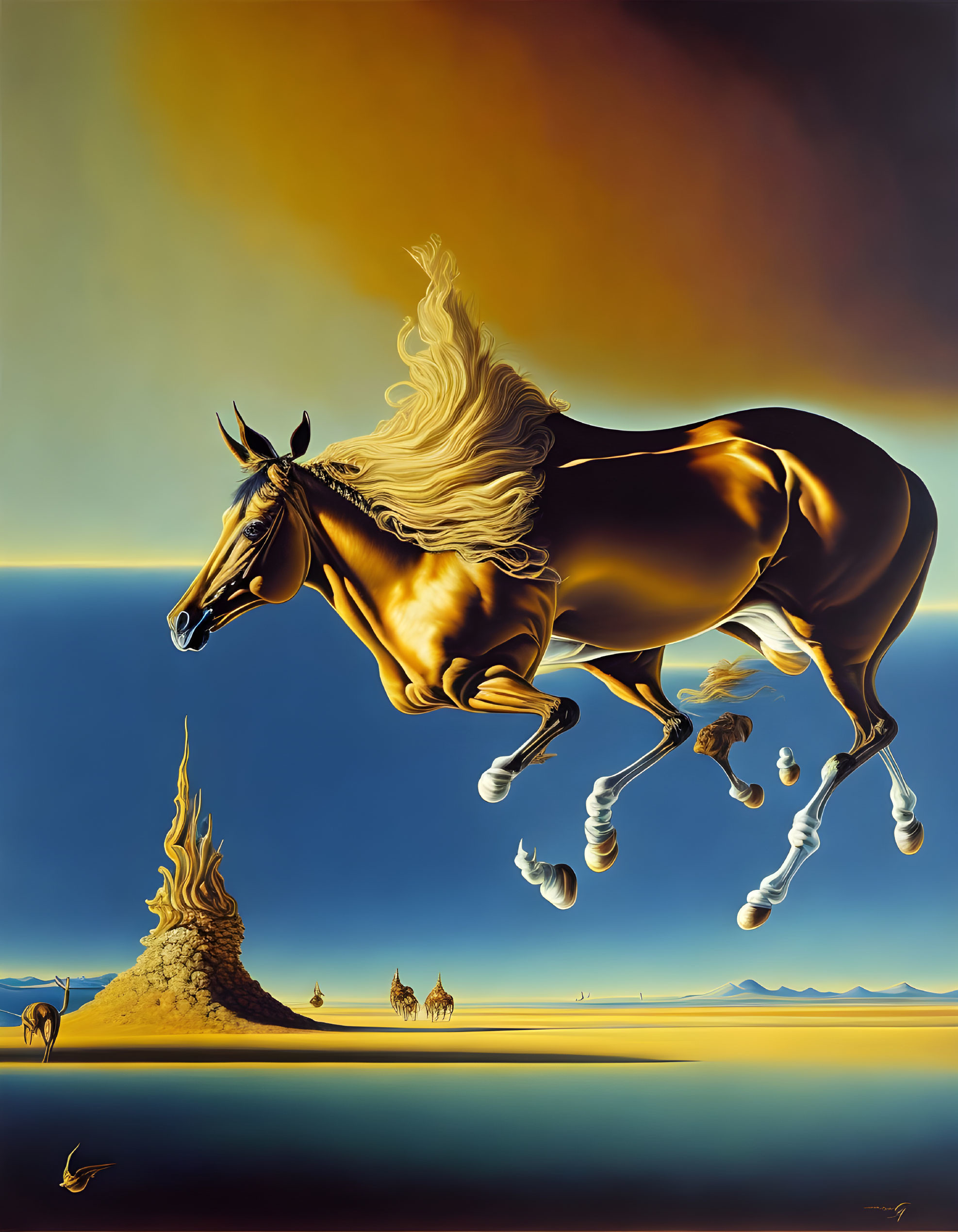 Golden horse painting: surreal galloping scene with clouds and desert sky