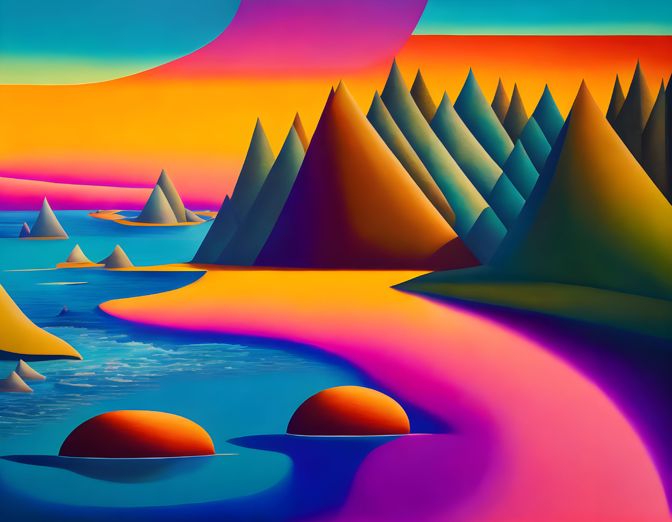 Colorful Surreal Landscape with Pointy Hills and Serpentine River