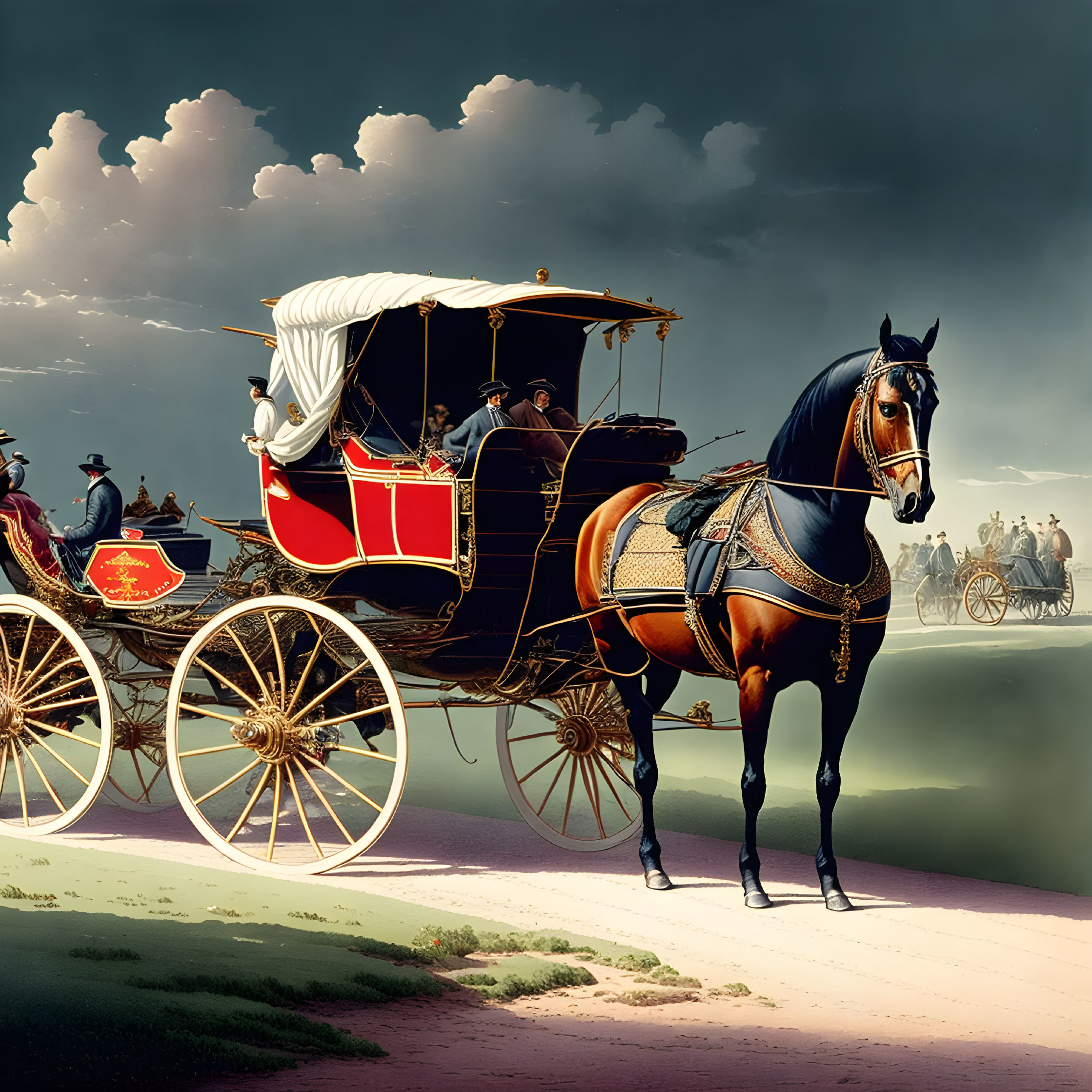 Vintage horse-drawn carriage with canopy and coachman under cloudy sky