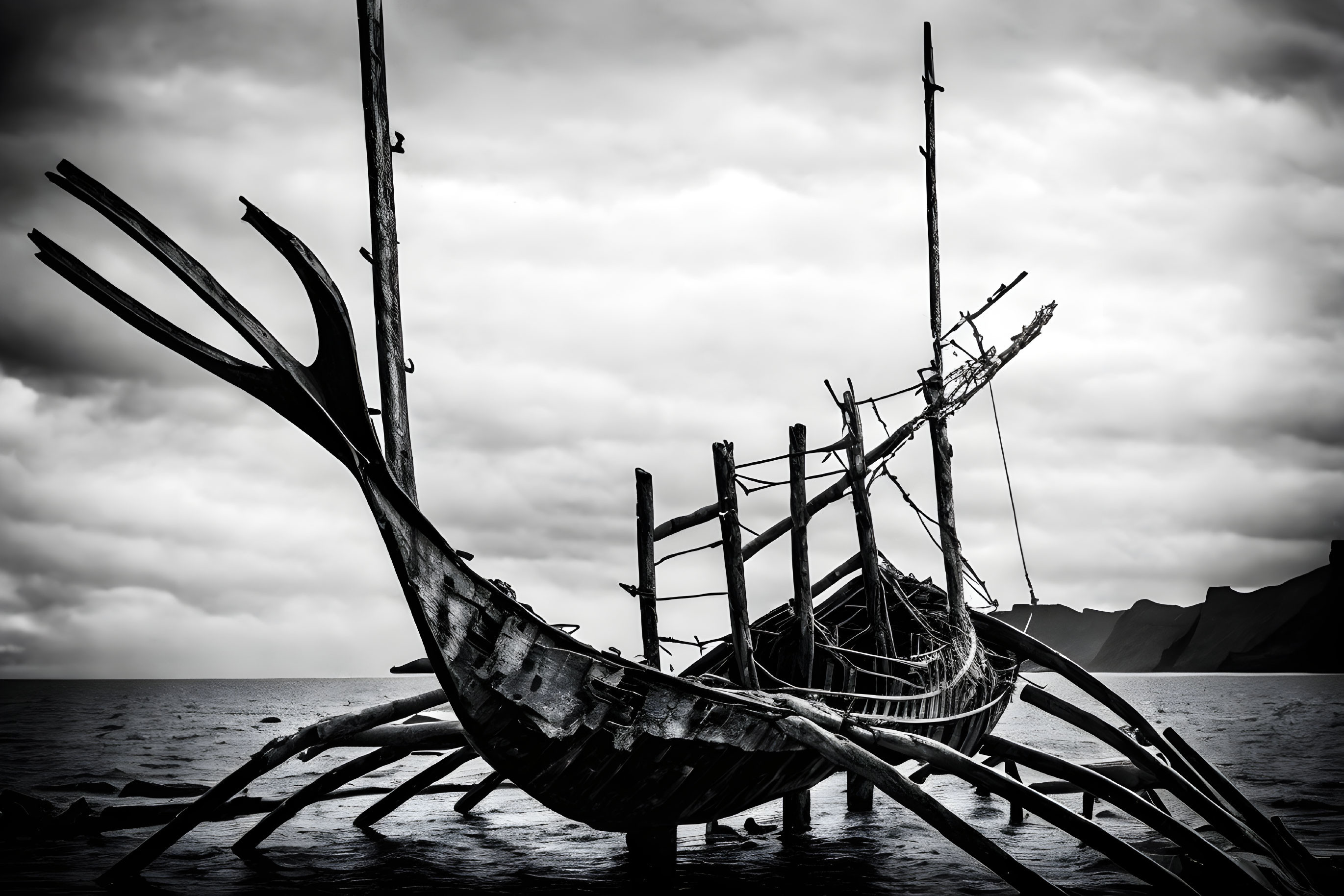 Abandoned shipwreck in black and white against cloudy sky