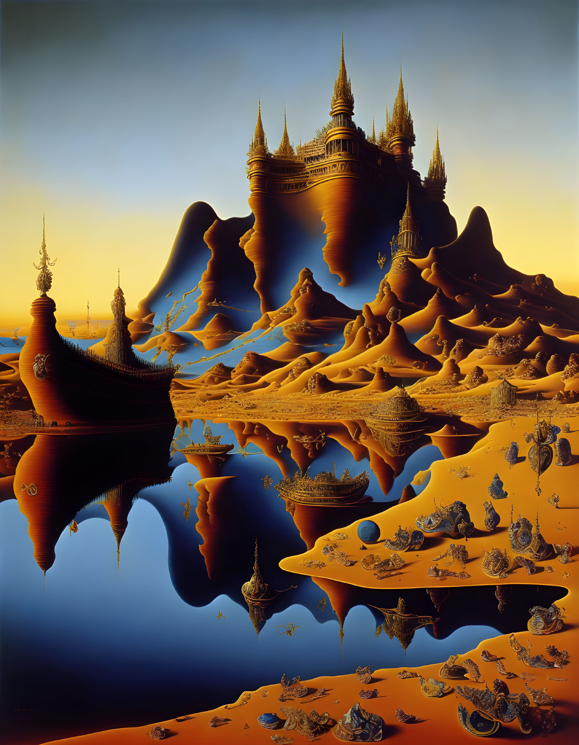 Surreal landscape with temple-like structures on undulating terrain under gradient sky