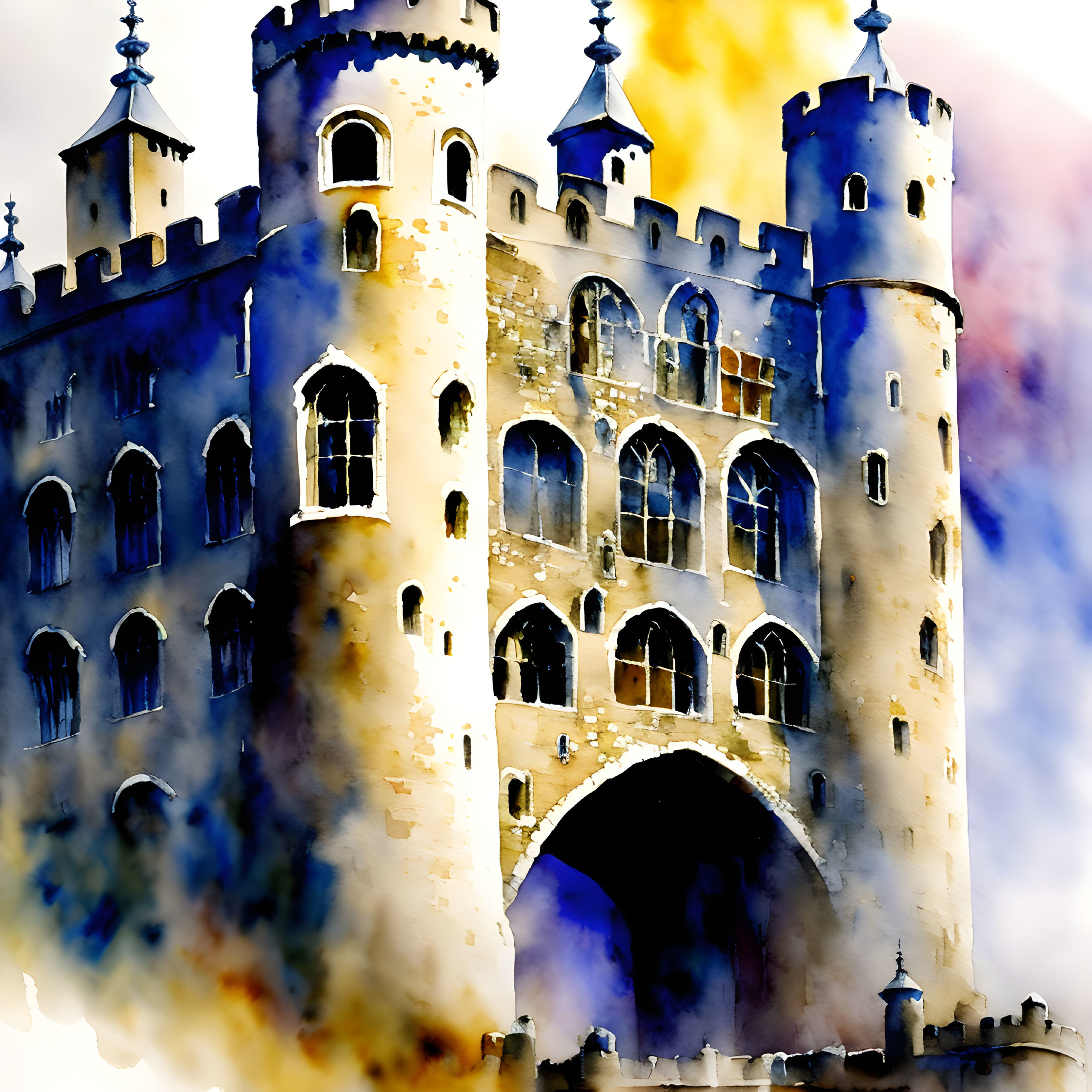 Medieval castle watercolor painting with blue turrets and arched entrance