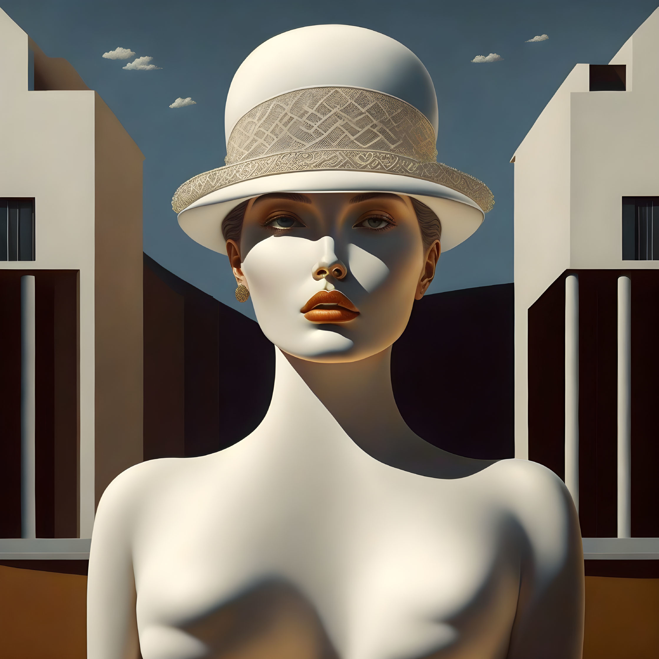 Hyperrealistic Painting of Woman in White Hat Against Abstract Cityscape Sky