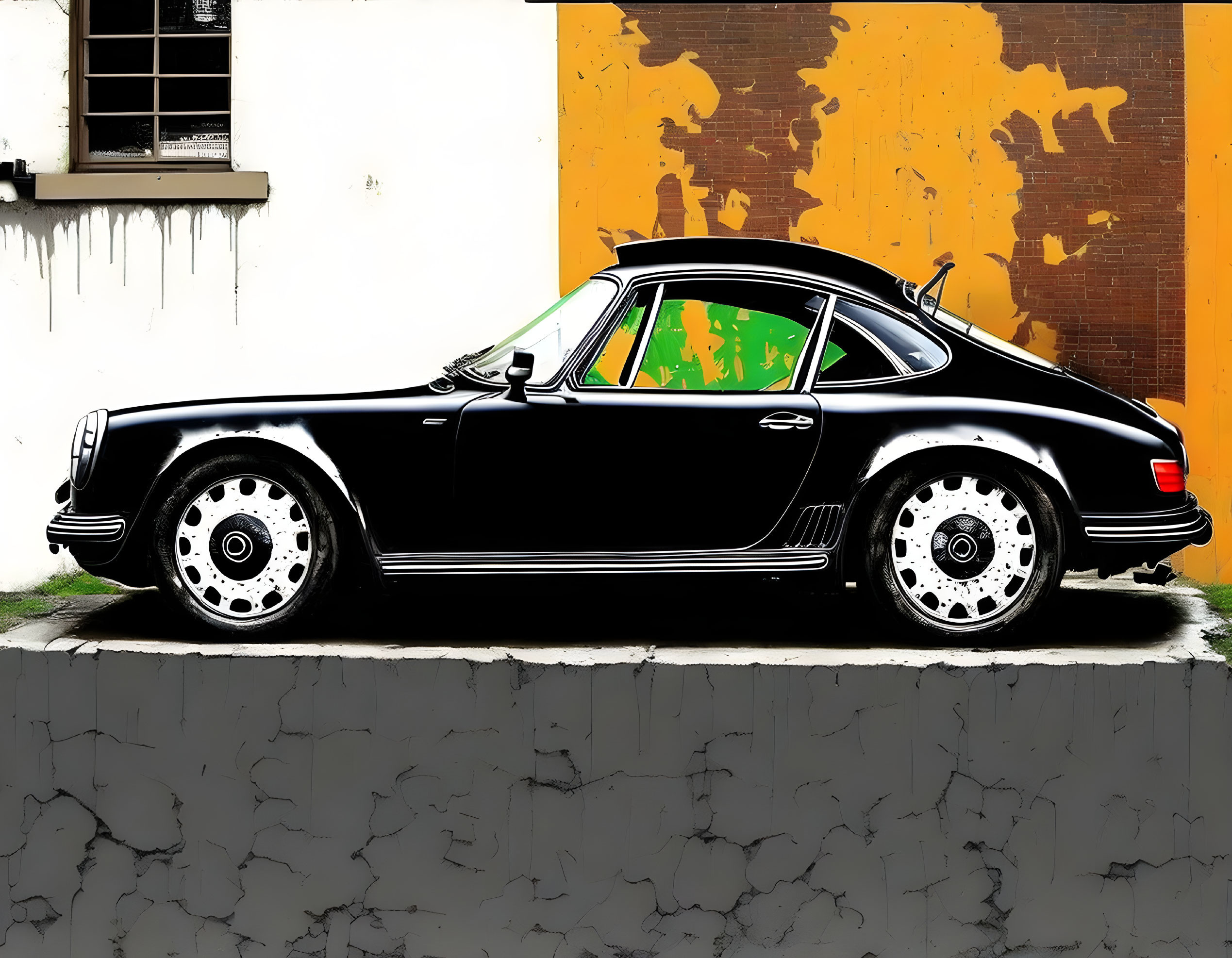 Vintage black car against peeling orange wall in bold, high-contrast style