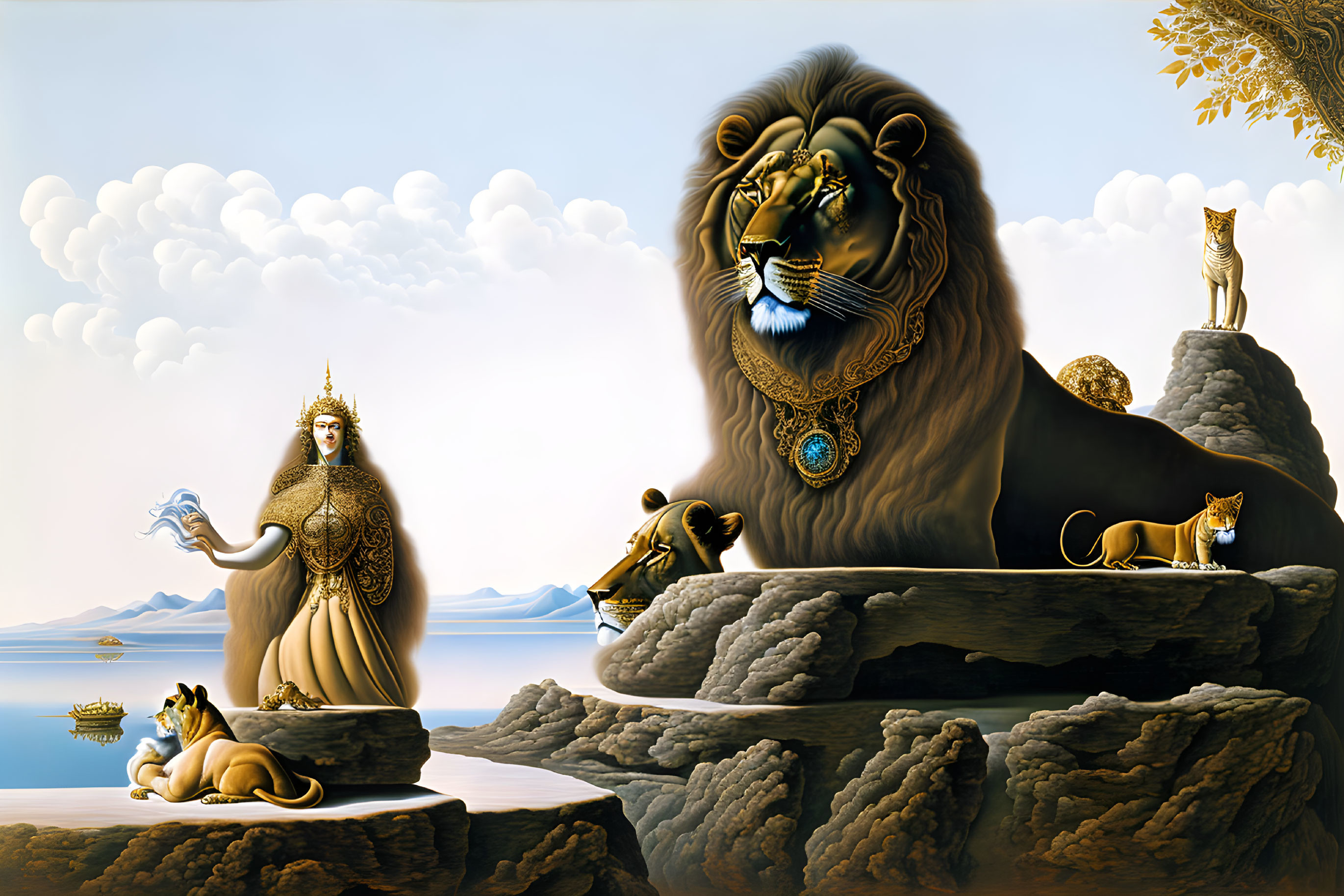 Ethereal woman with lions in serene landscape