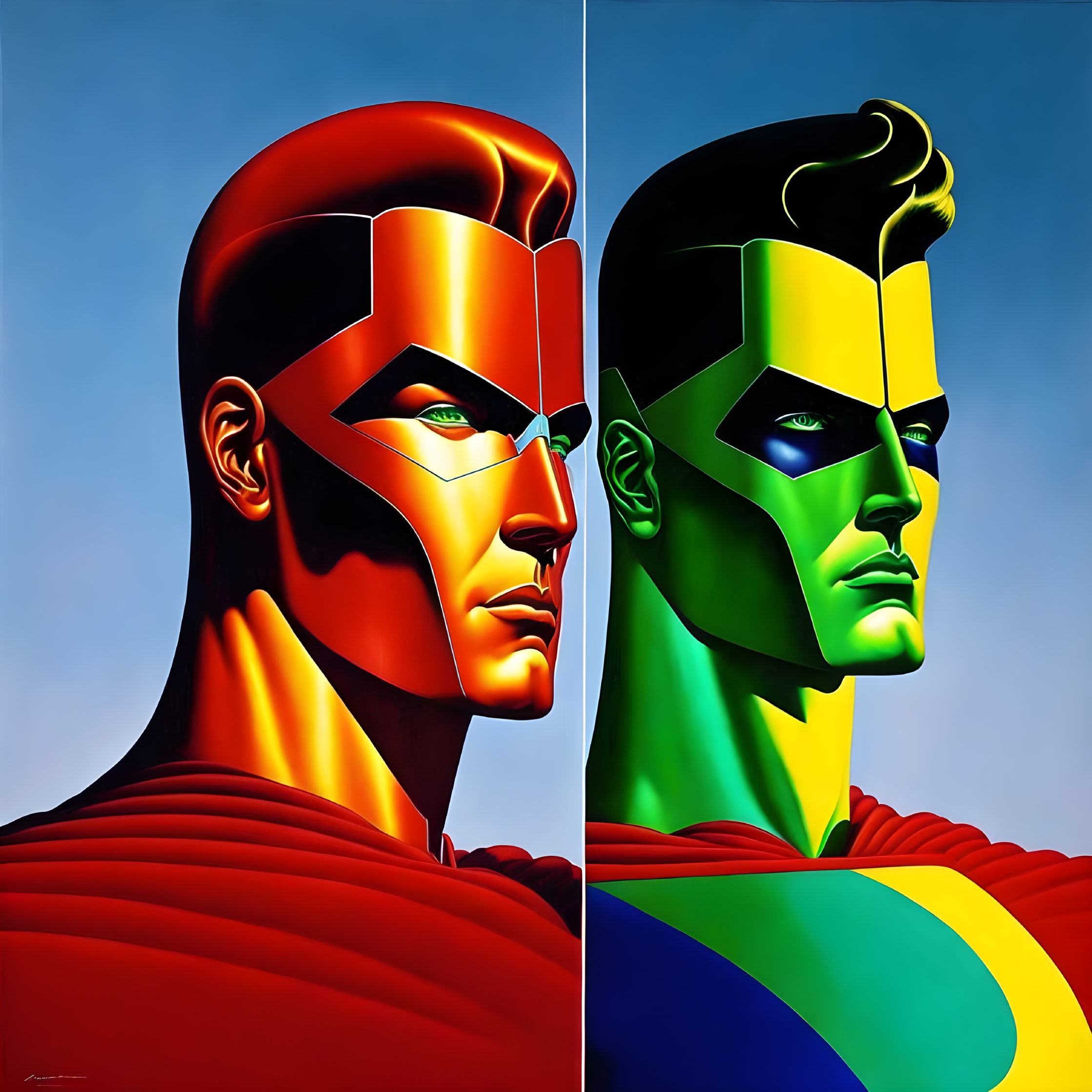 Dual Superheroes in Metallic Headgear Against Blue Sky