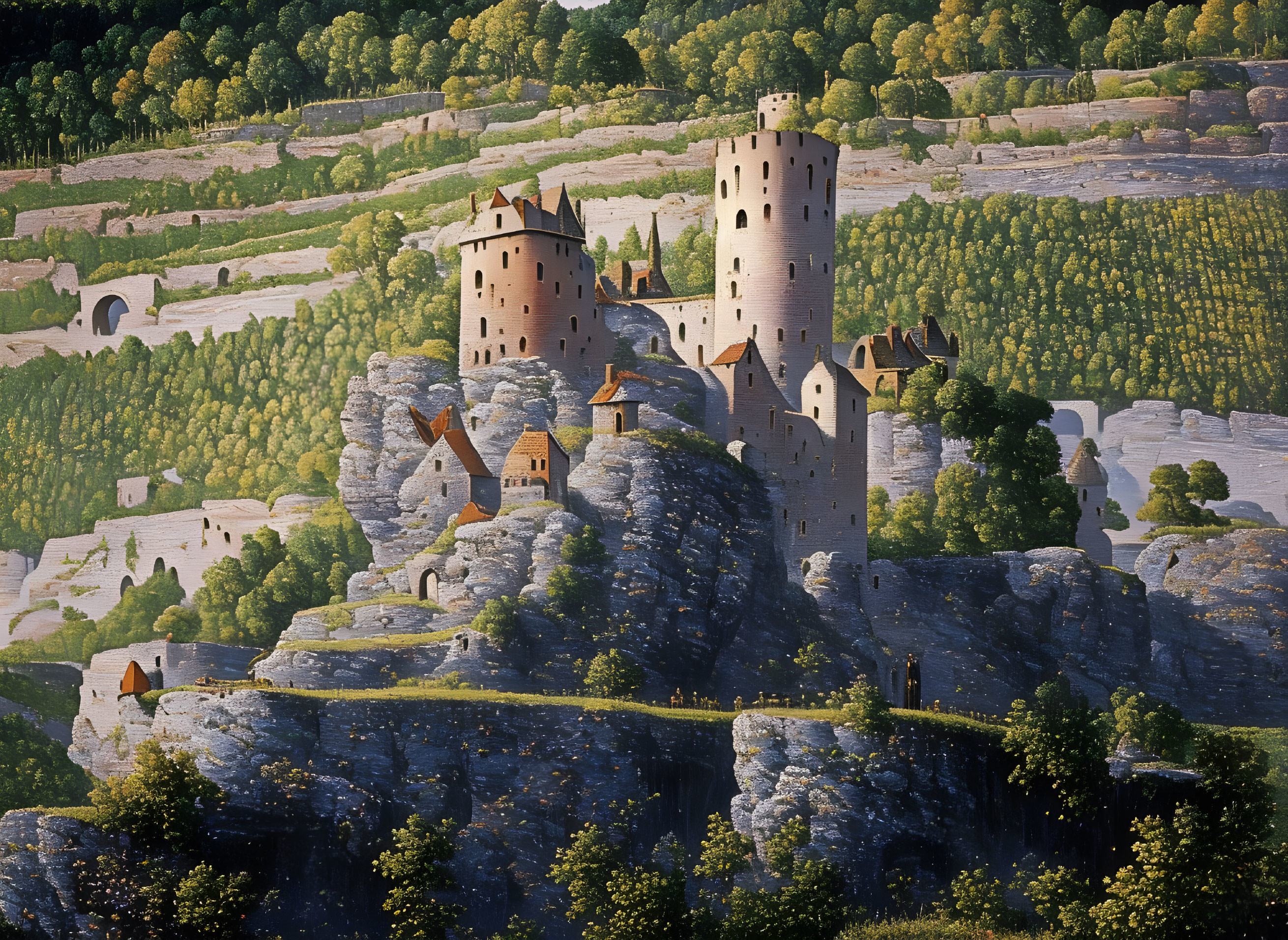 Medieval castle on craggy hill amid green forests & vineyards