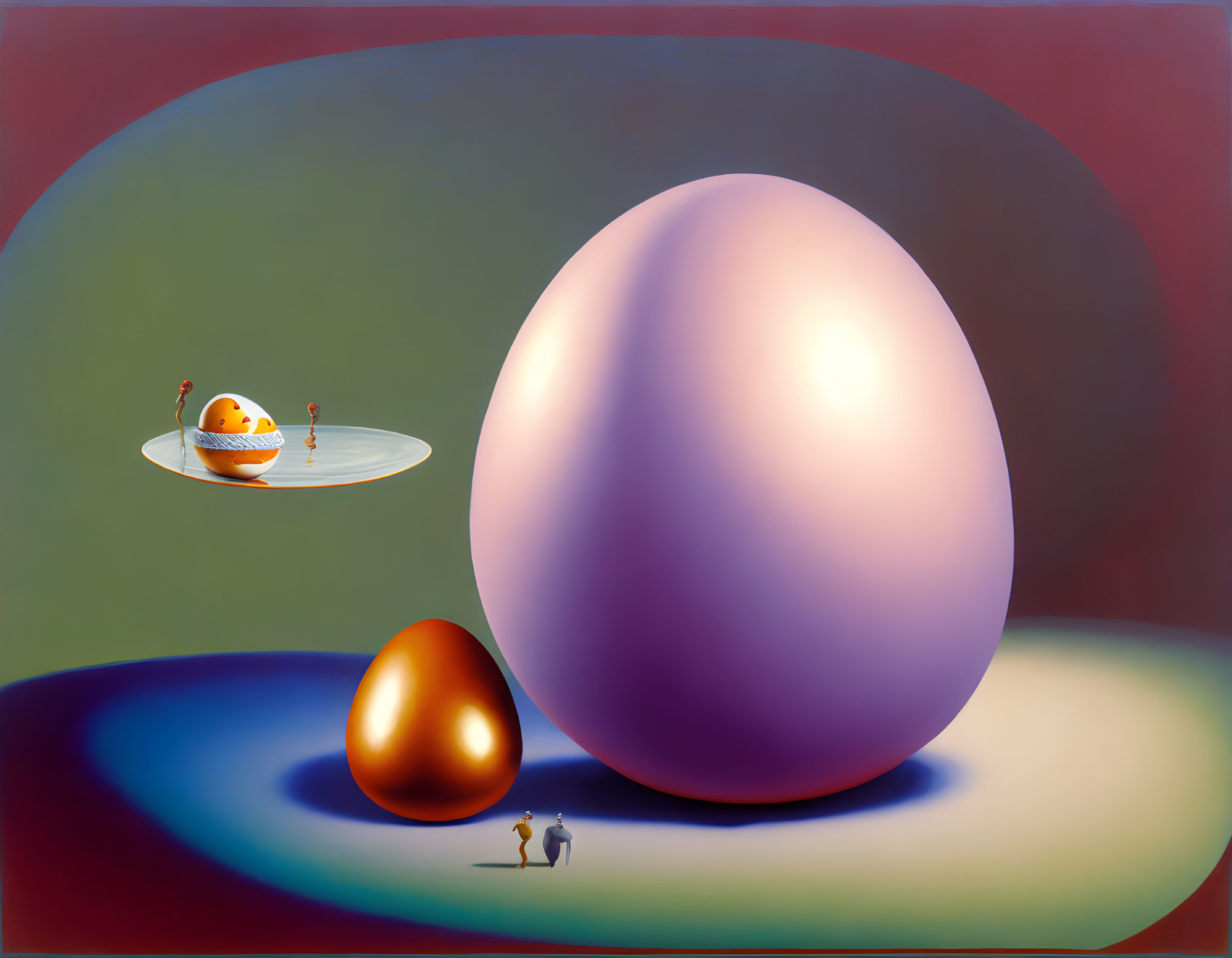 Surreal painting featuring purple and golden eggs, ringed planet, floating teacup, and