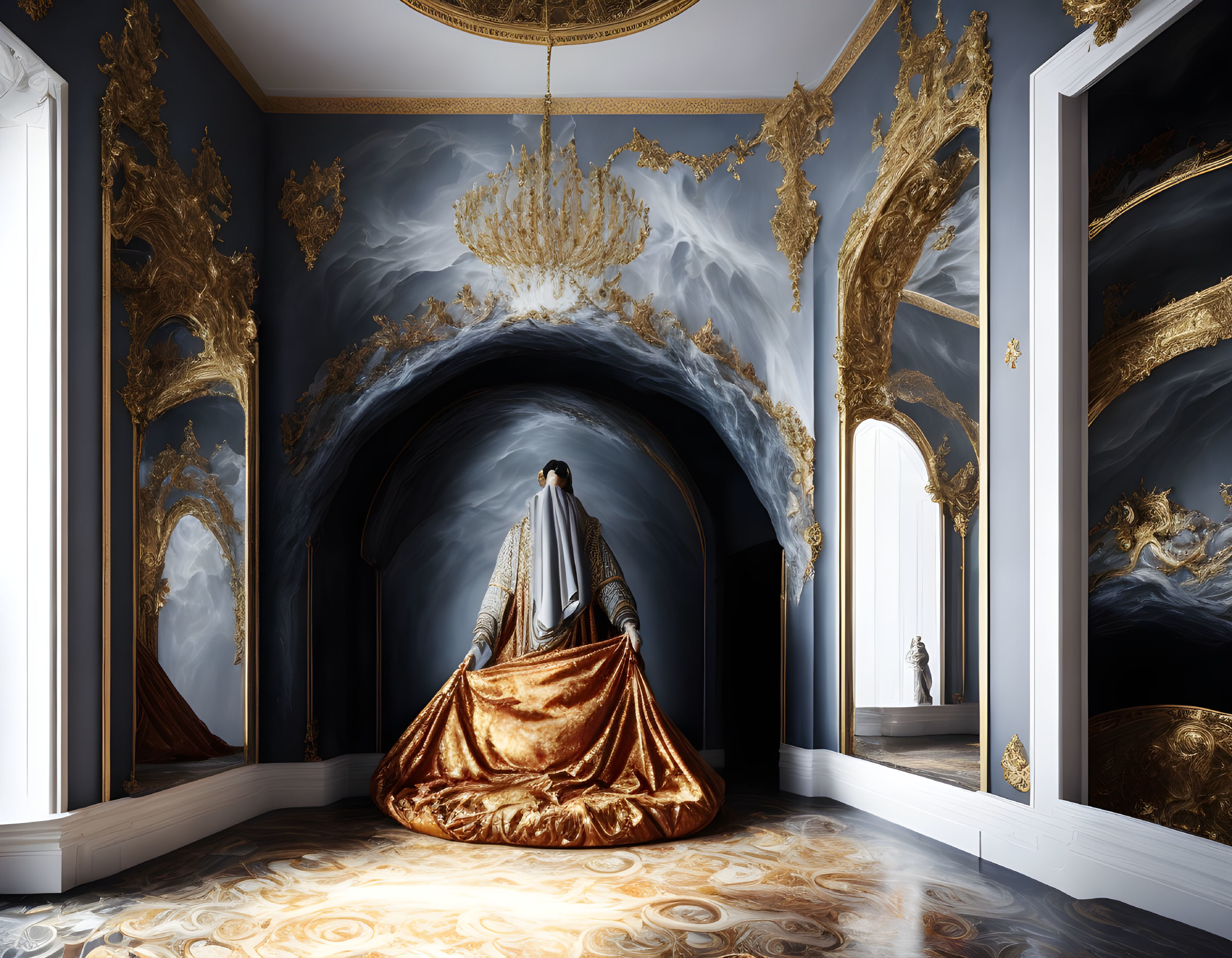 Luxurious Golden Cloak in Opulent Grand Room