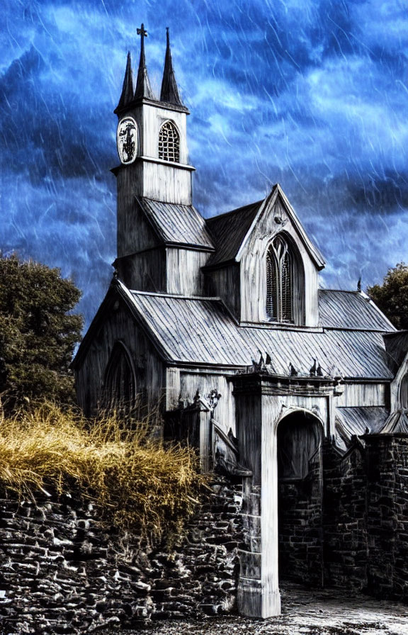 Gothic church with twin spires under stormy sky and strong contrasts