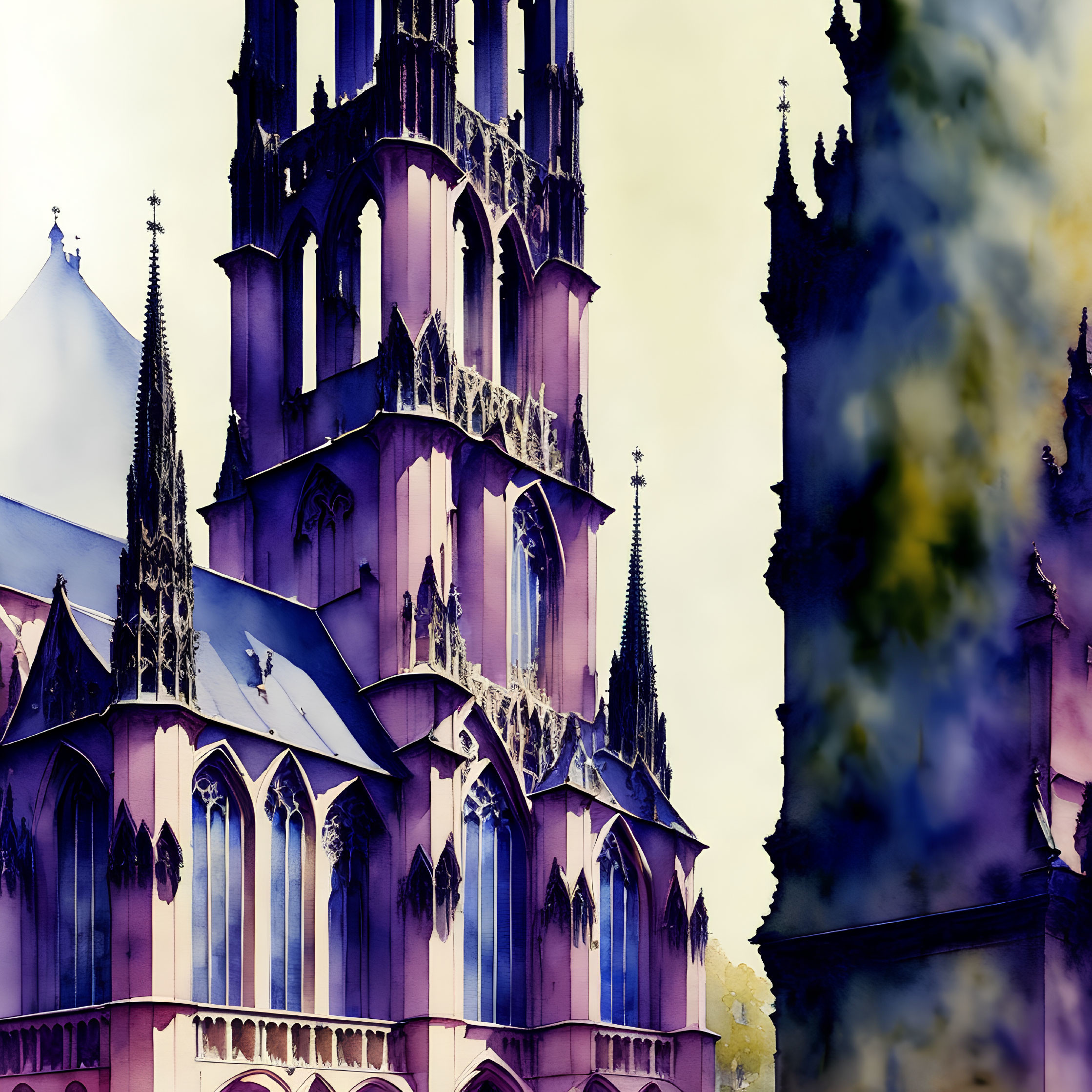 Detailed Gothic cathedral illustration in purple and blue hues