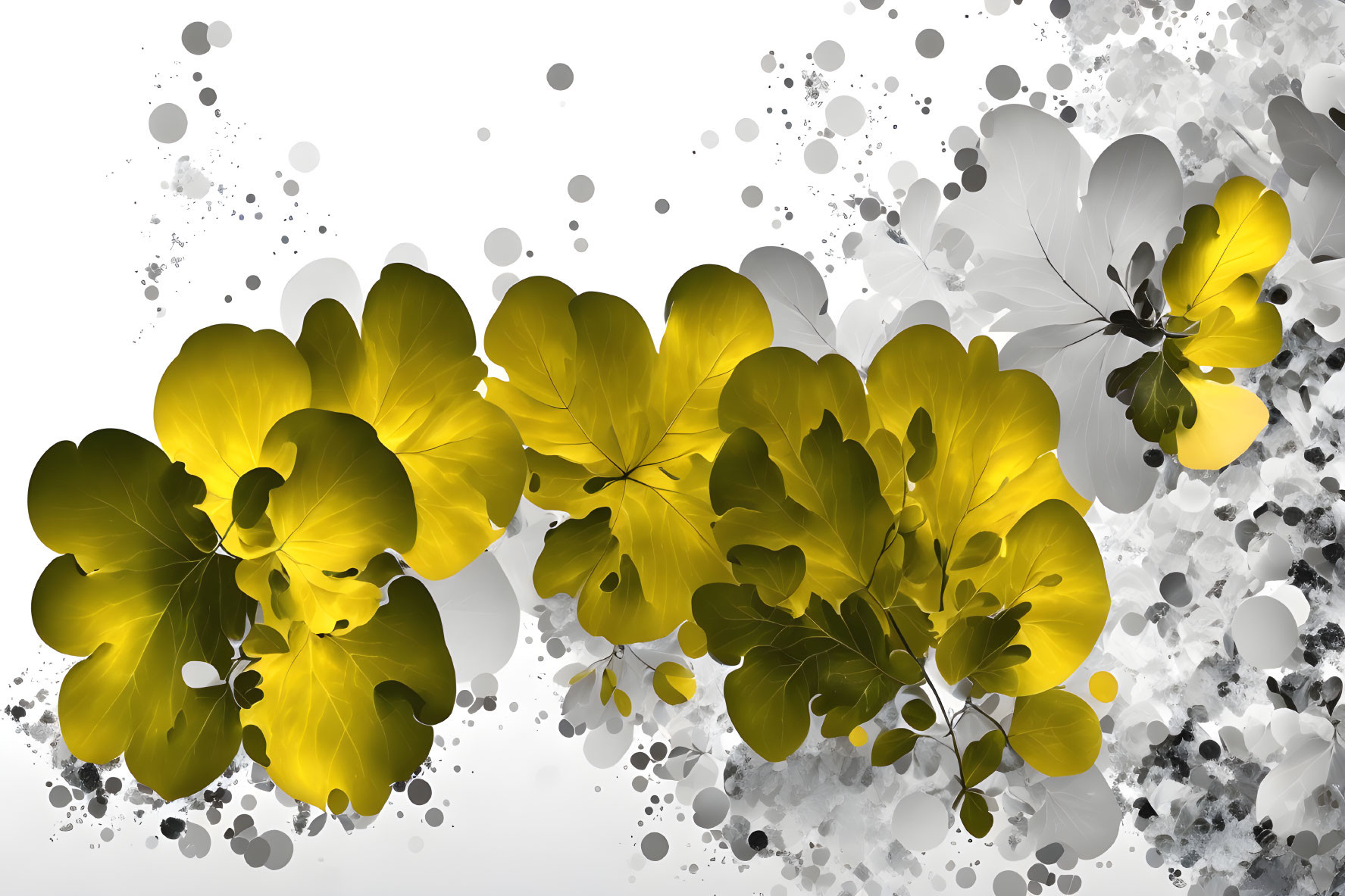 Colorful digital art: yellow ginkgo leaves, monochrome butterfly, splattered paint on gre