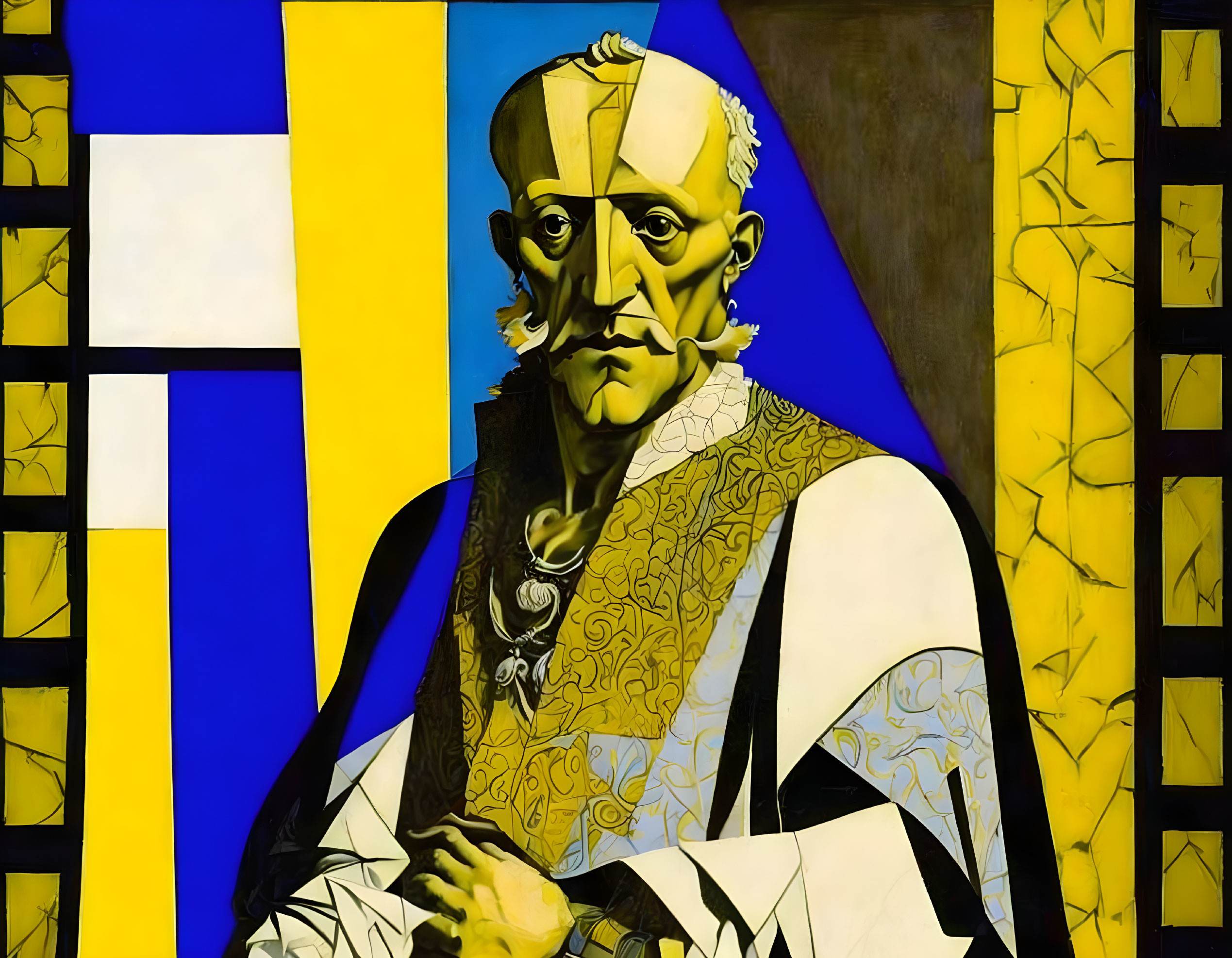 Cubist-style painting of man in historical dress with geometric background