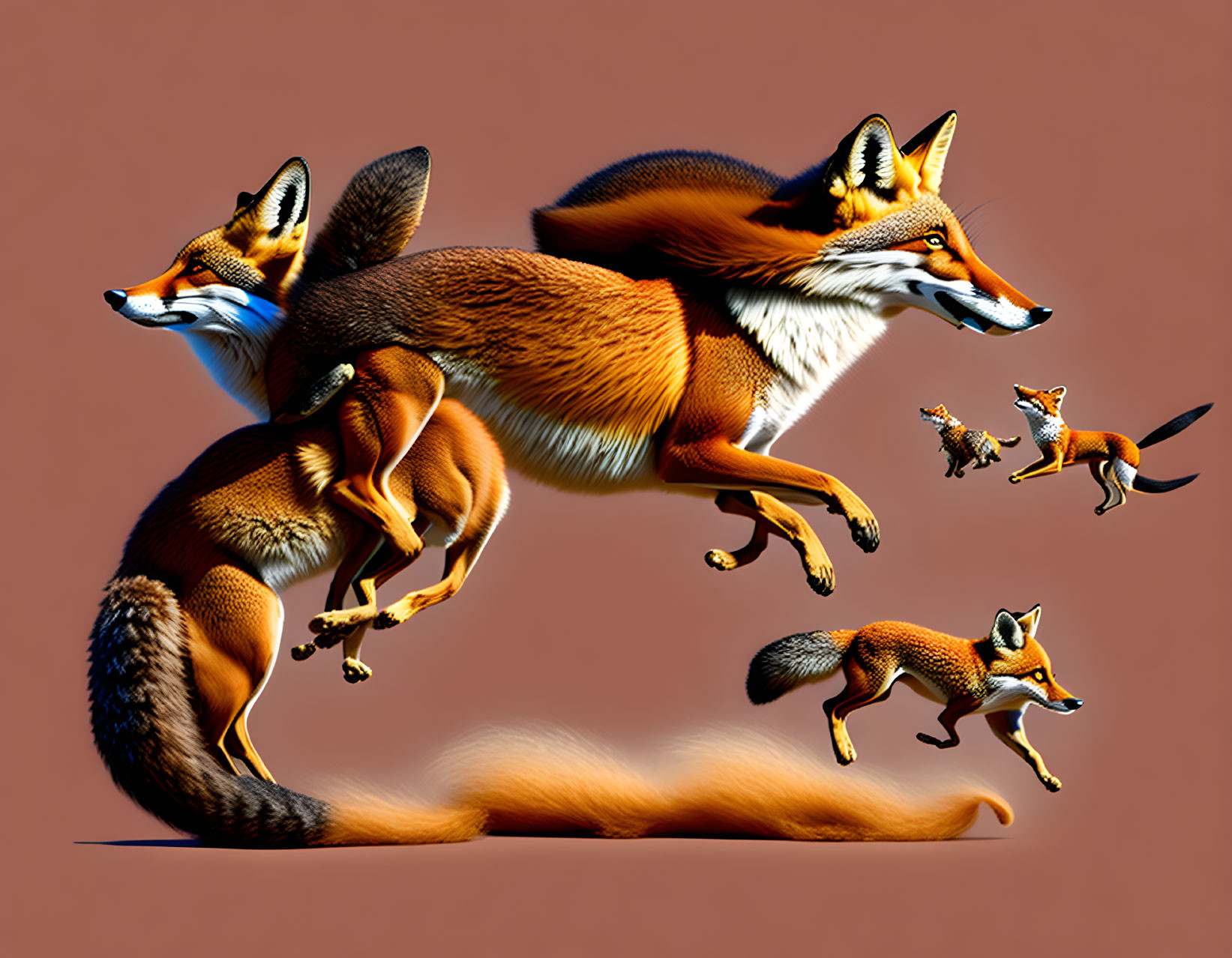 Five foxes in motion sequence against brown background