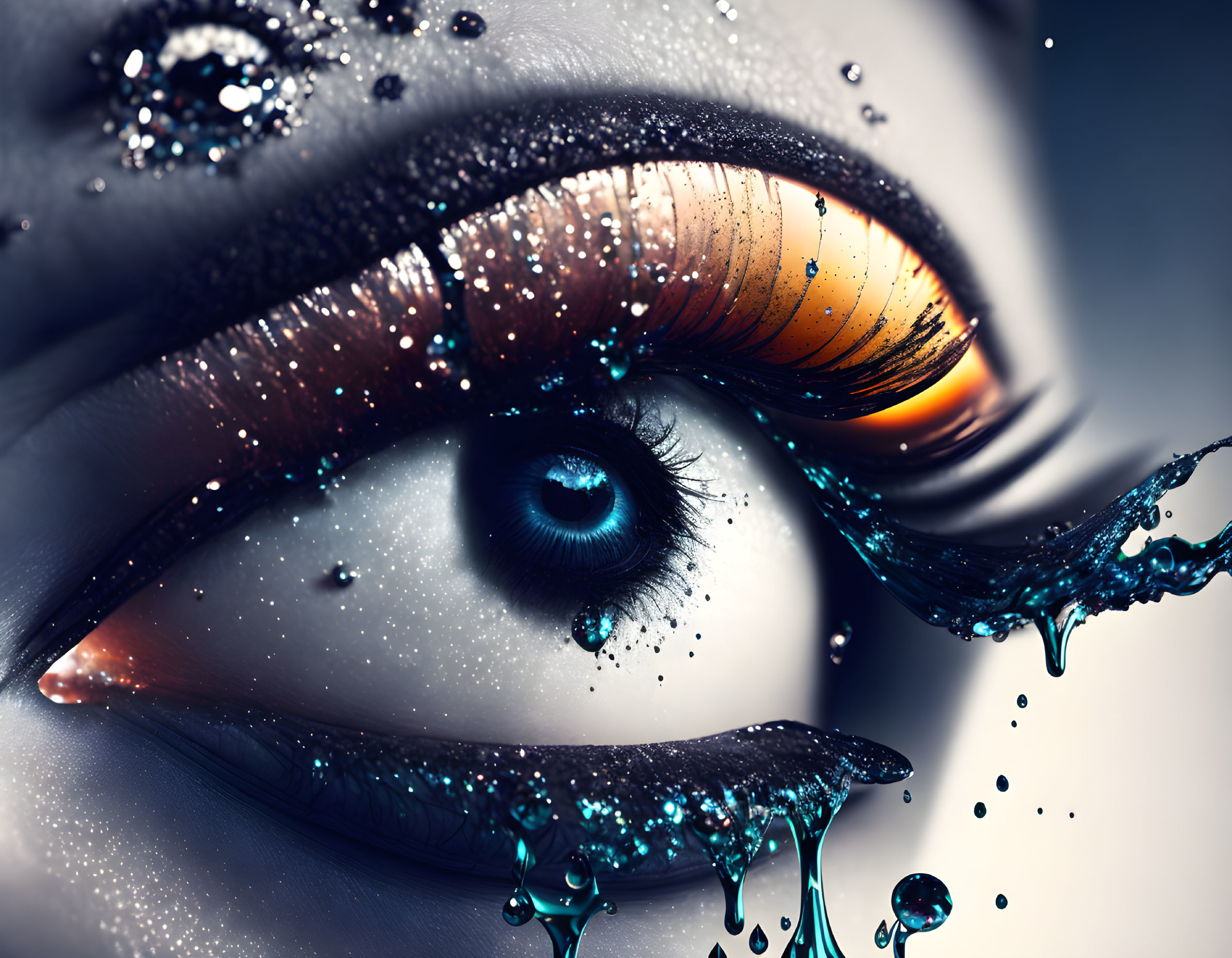 Artistic Blue Eye Close-up with Liquid Splashes and Eyeshadow