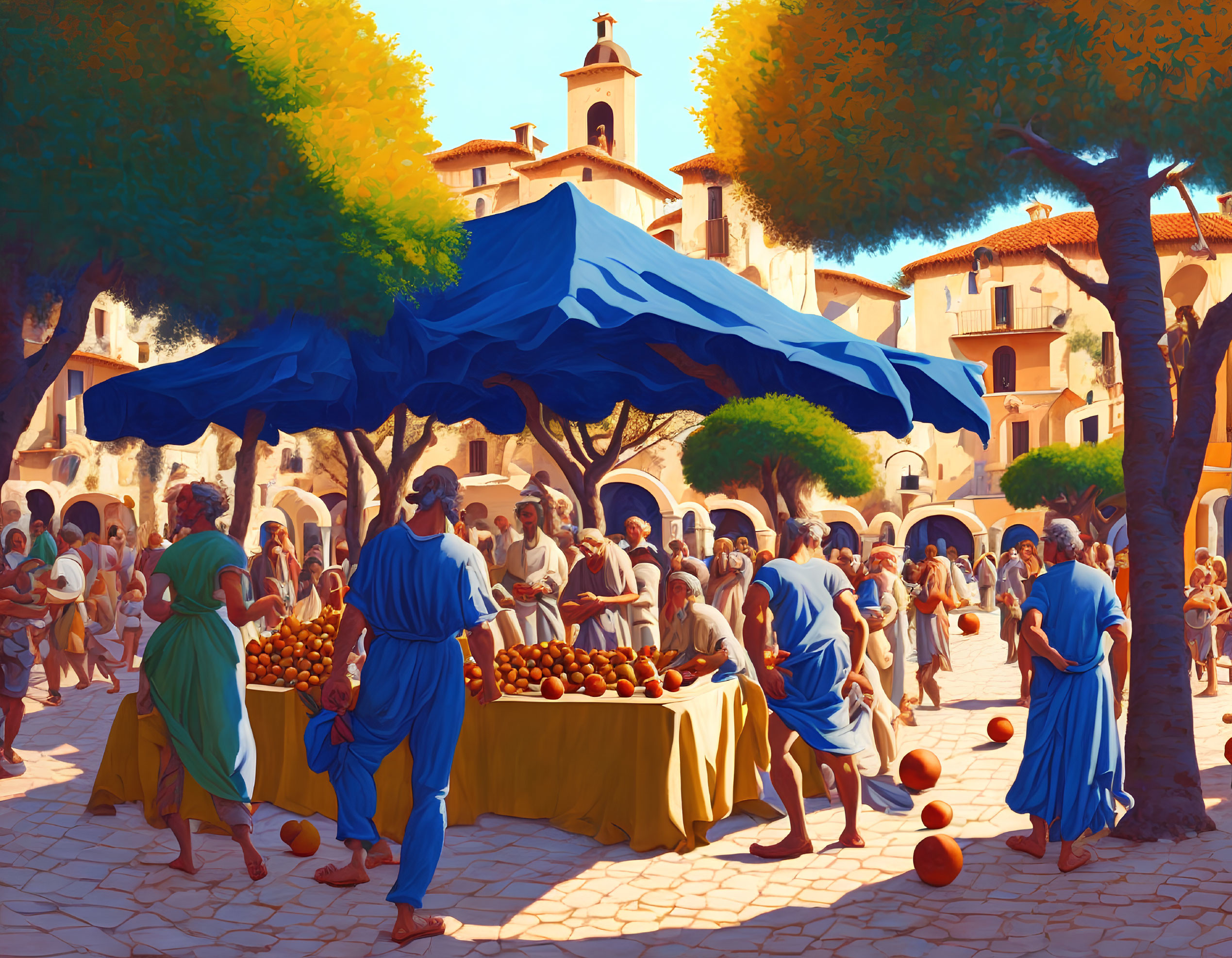 Historical marketplace scene with traditional attire and fruit stalls under a blue canopy