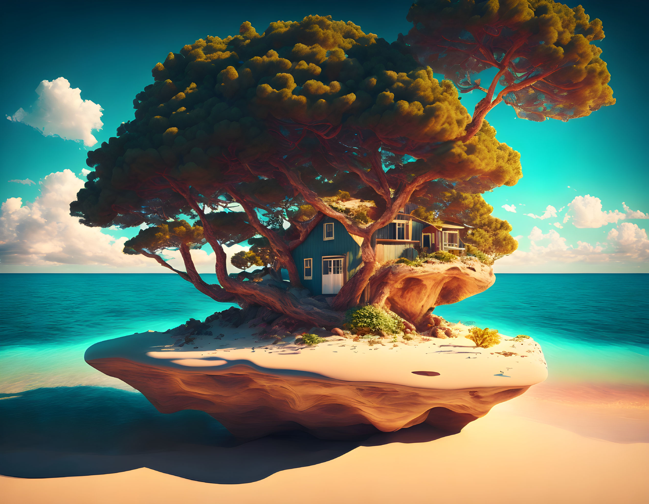 Floating Island with House Surrounded by Ocean and Trees