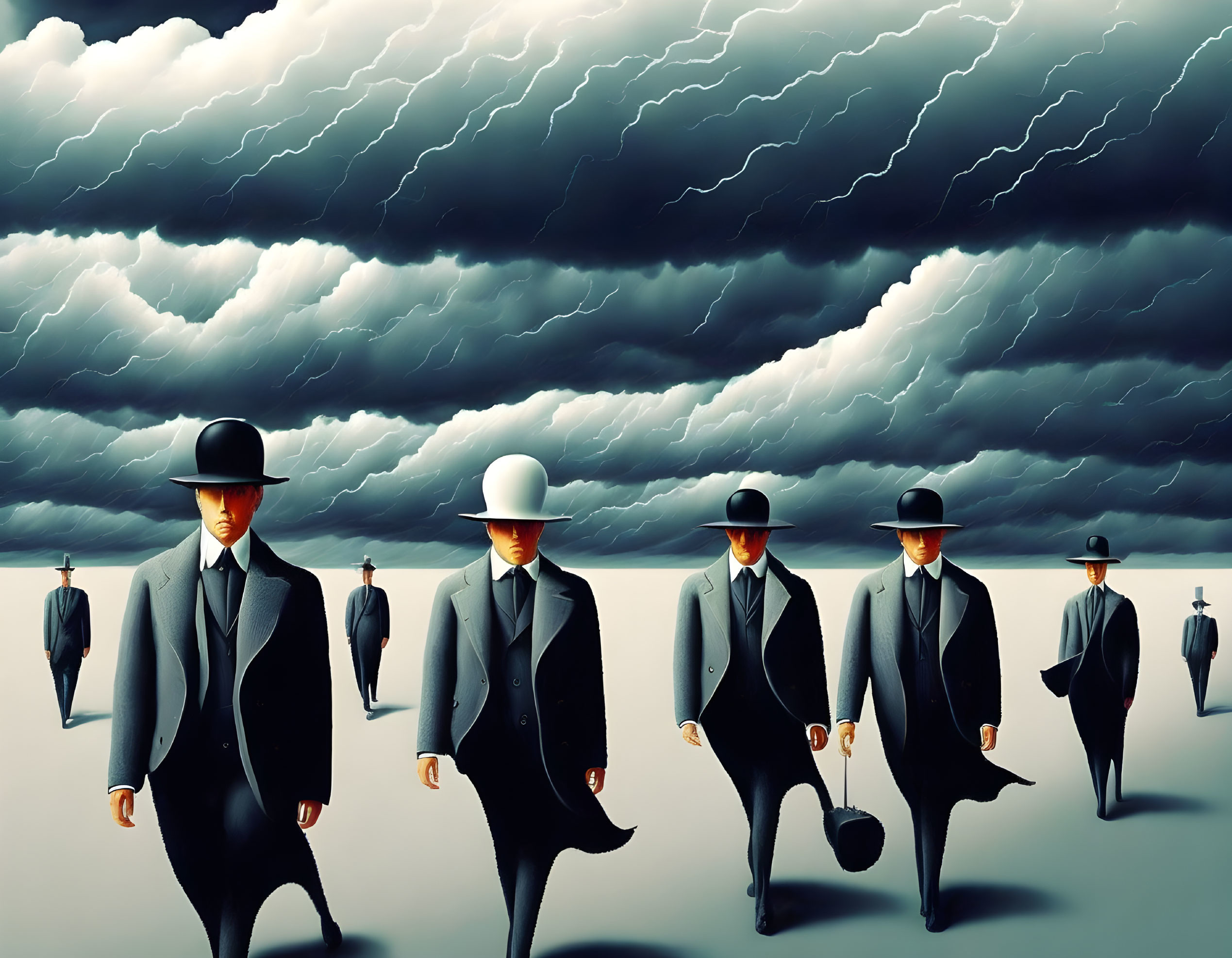 Faceless Businessmen with Umbrellas in Surreal Stormy Sky